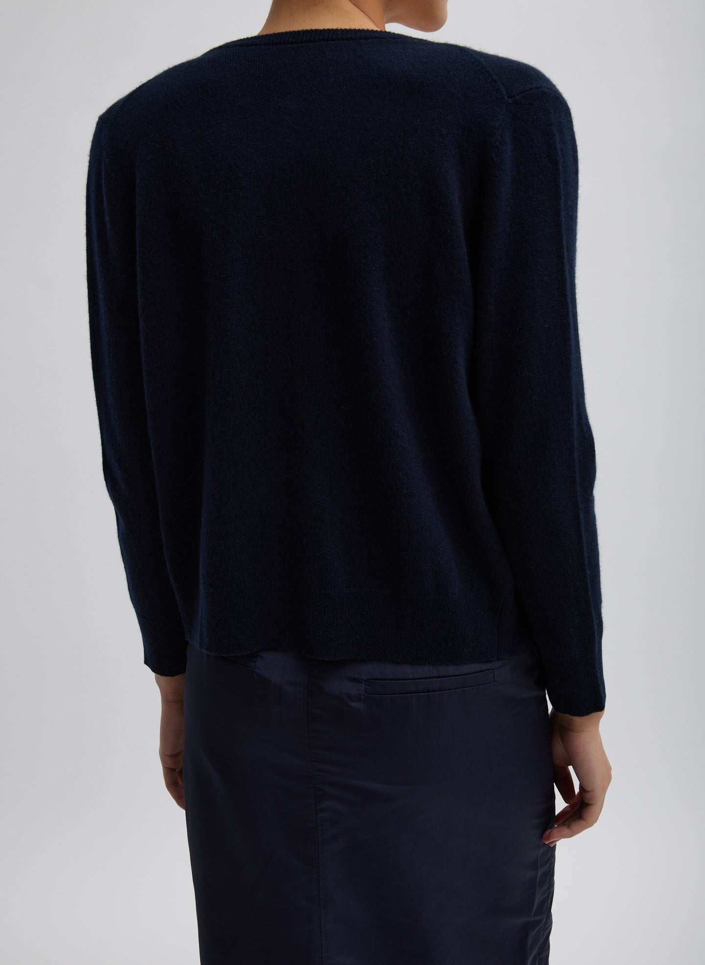 Navy Washable Cashmere Shrunken Cardigan - back view on model