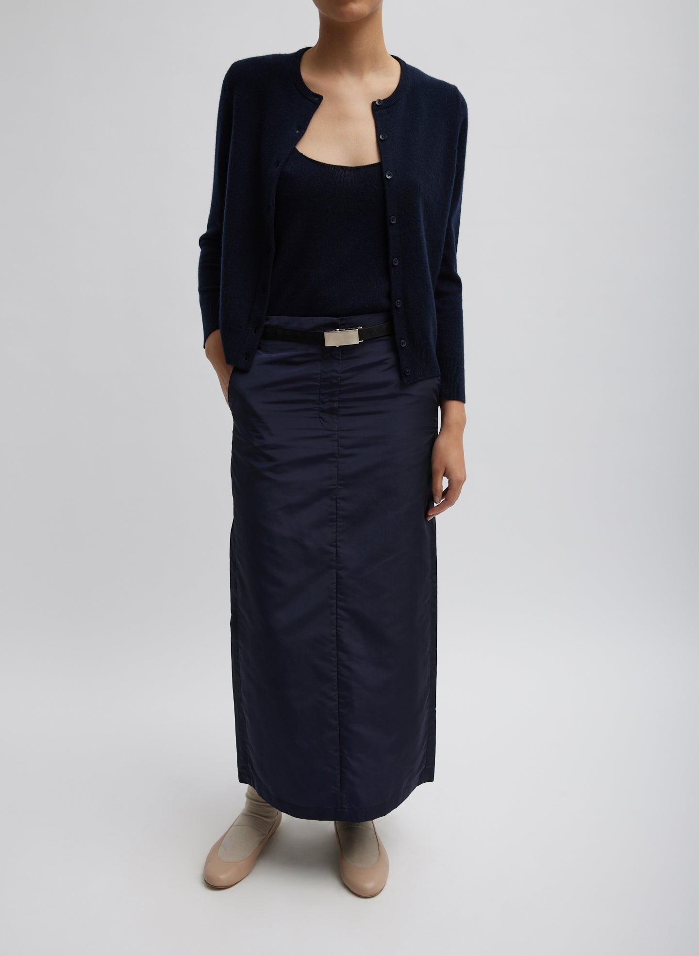 Navy Washable Cashmere Shrunken Cardigan - full look, front view on model