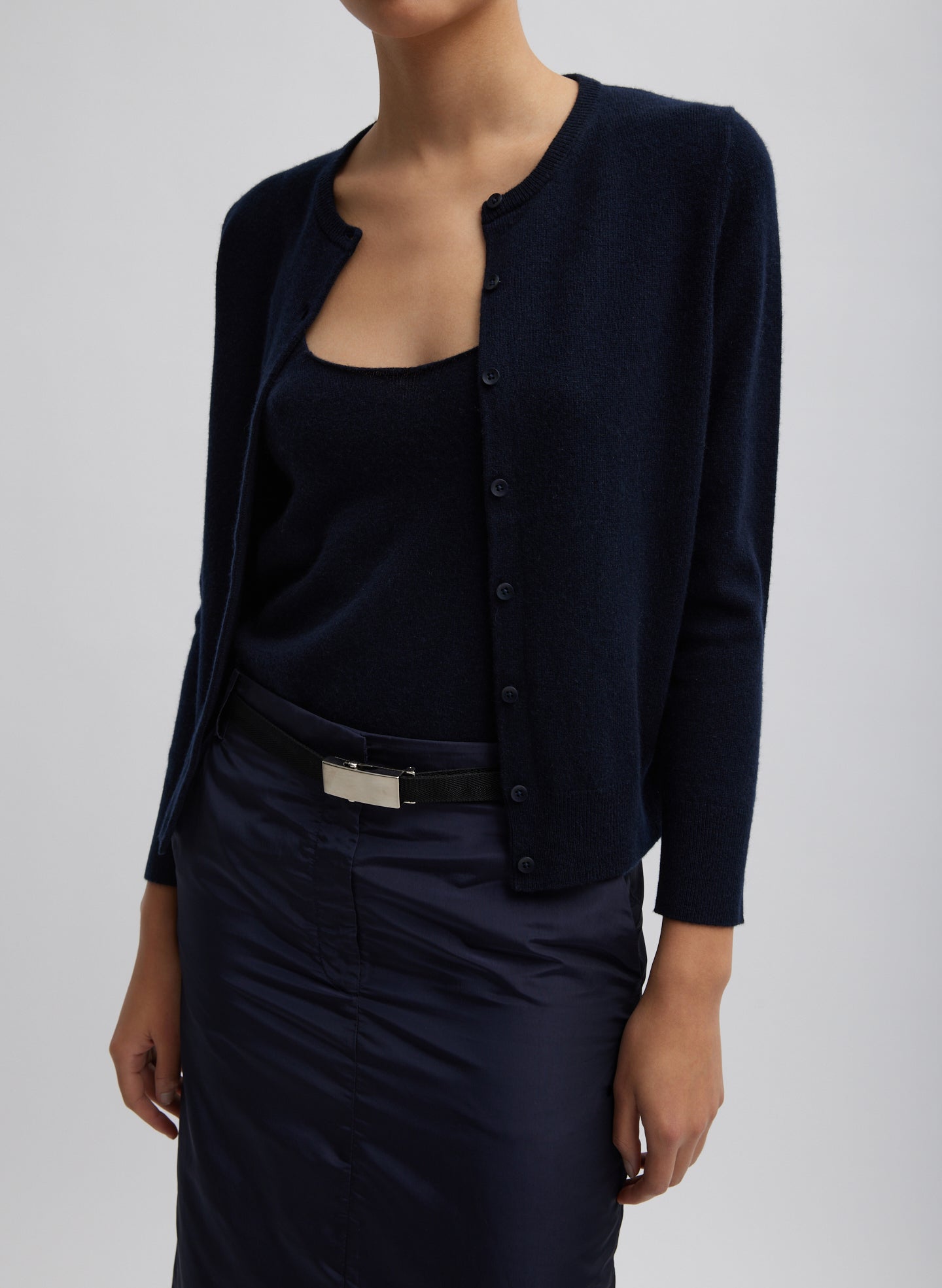 Navy Washable Cashmere Shrunken Cardigan - front view on model