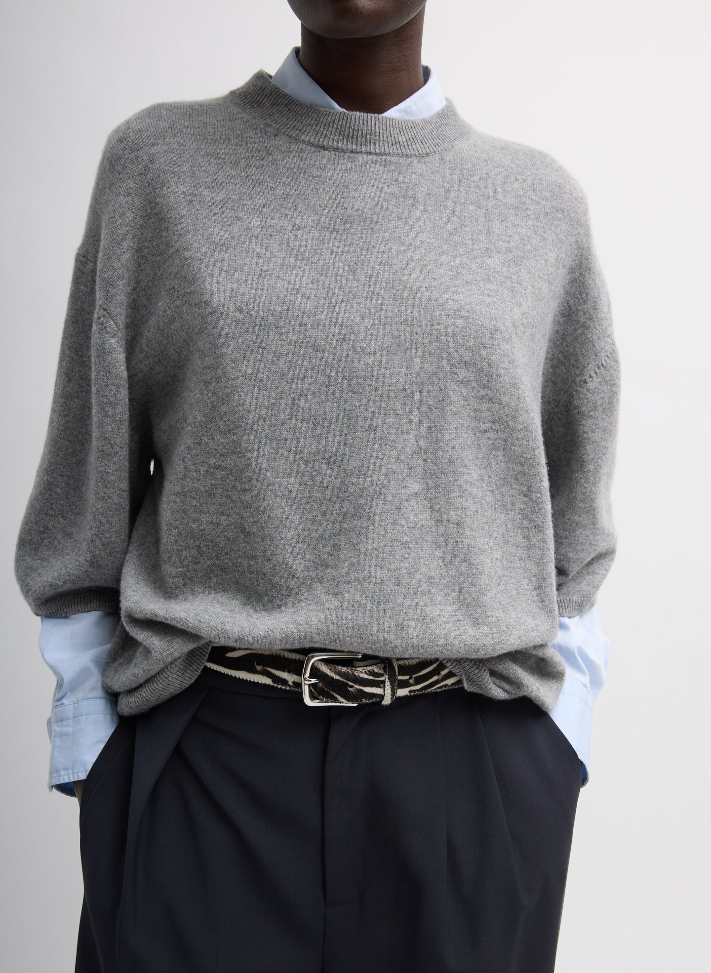 Heather Grey Washable Cashmere Oversized Easy T-Shirt - sweater tee, front view on model