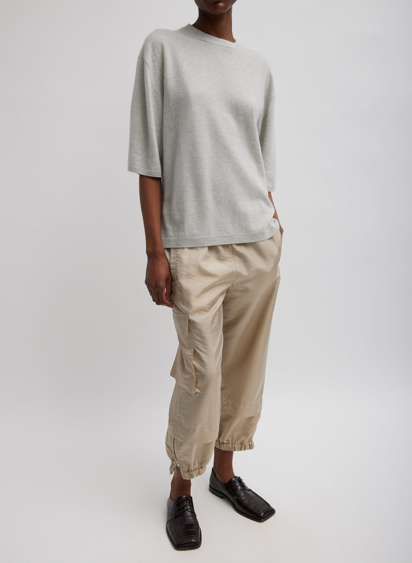Light Heather Grey Washable Cashmere Oversized Easy T-Shirt - full look, front view on model