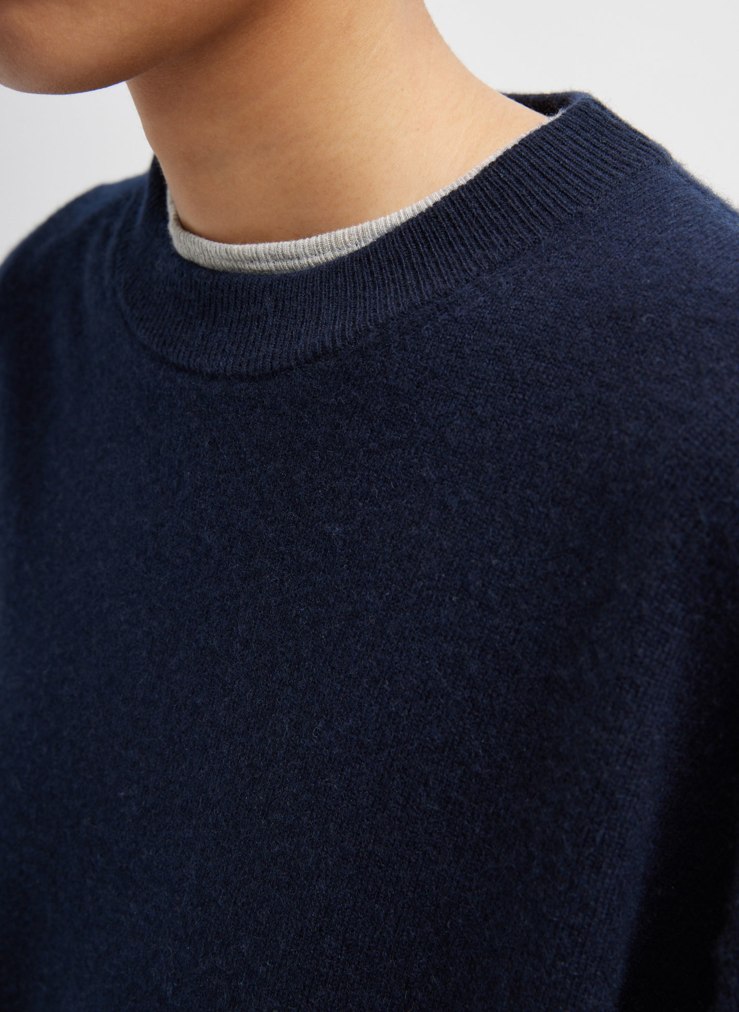 Navy Washable Cashmere Oversized Easy T-Shirt - closeup of neckline