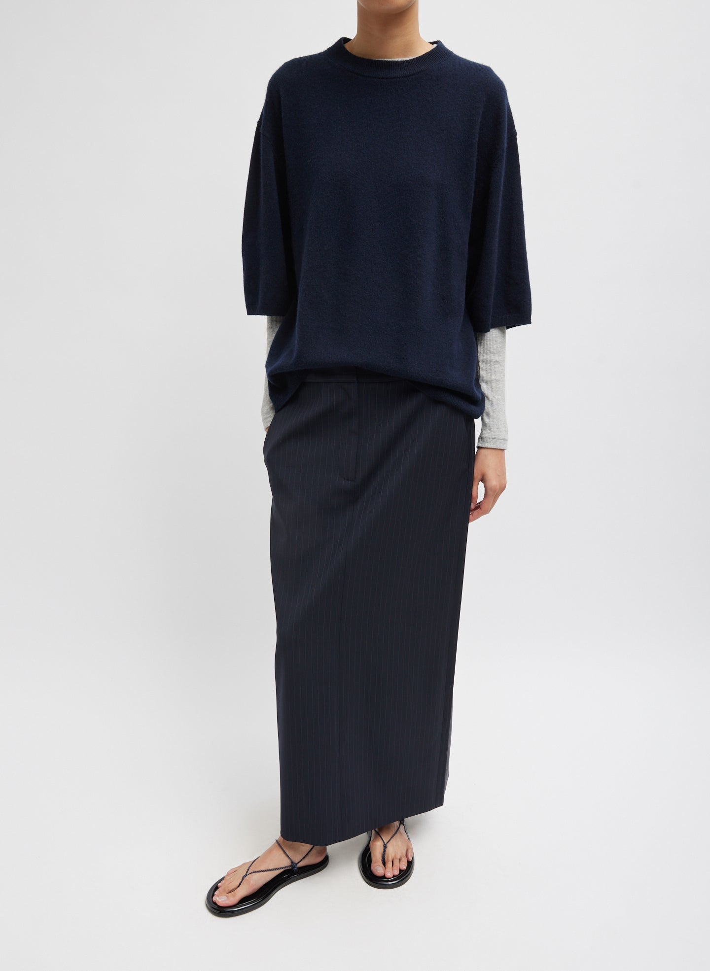 Navy Washable Cashmere Oversized Easy T-Shirt - sweater tee, front view on model