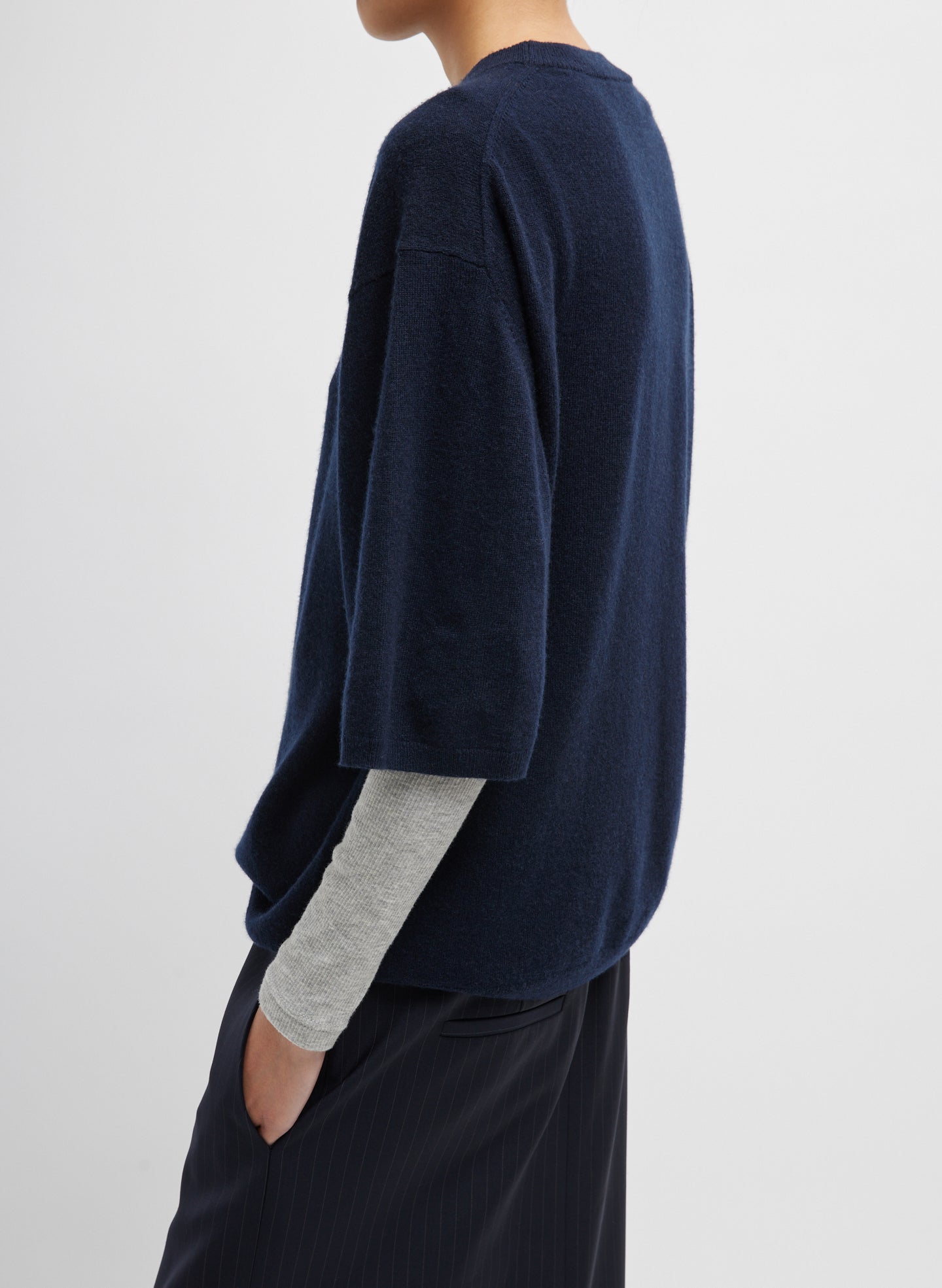 Navy Washable Cashmere Oversized Easy T-Shirt - sweater tee, side view on model
