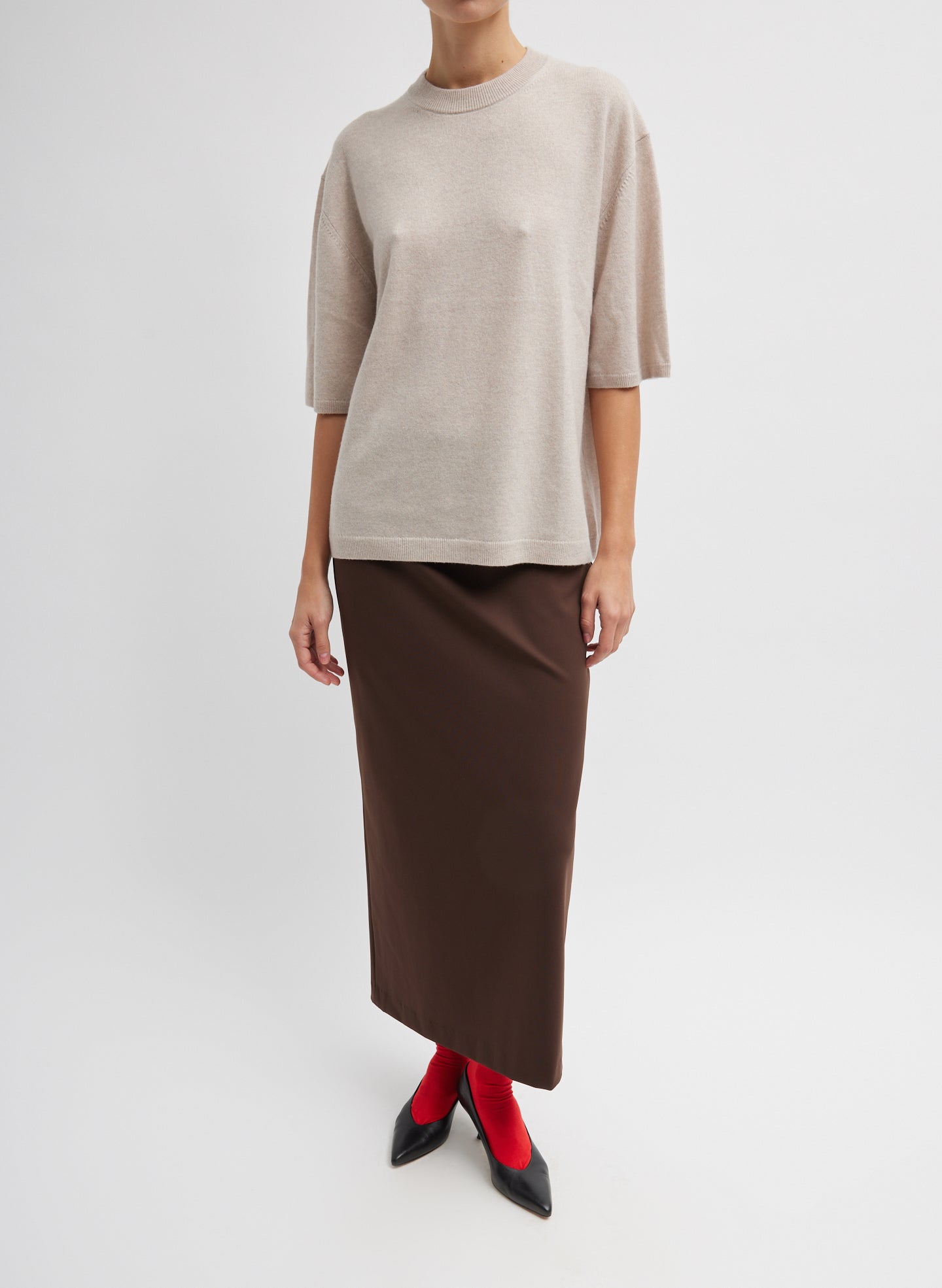 Oatmeal Melange Washable Cashmere Oversized Easy T-Shirt - full look, front view on model