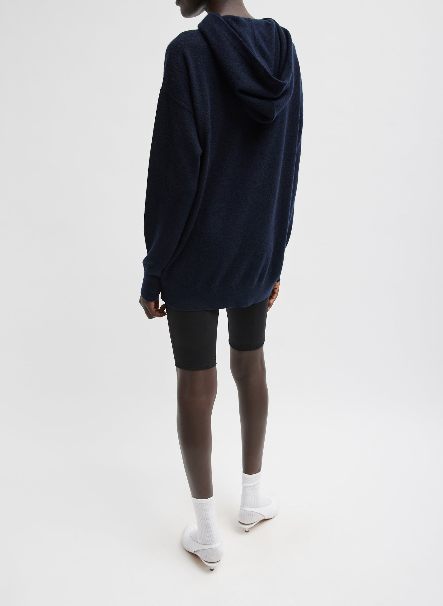 Navy Washable Cashmere Easy Men's Hoodie - full look, back view on model