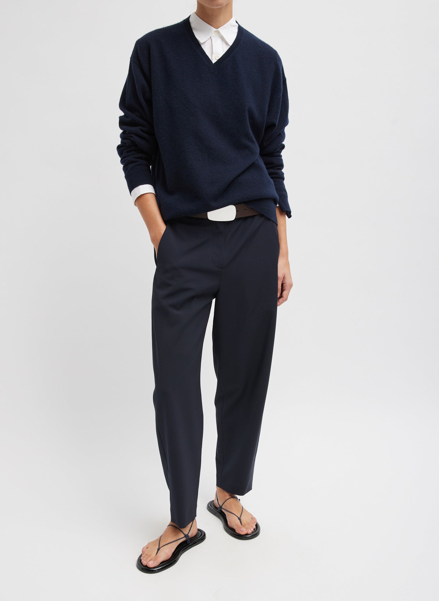 Navy Washable Cashmere Easy V-Neck Sweater - full look, front view on model