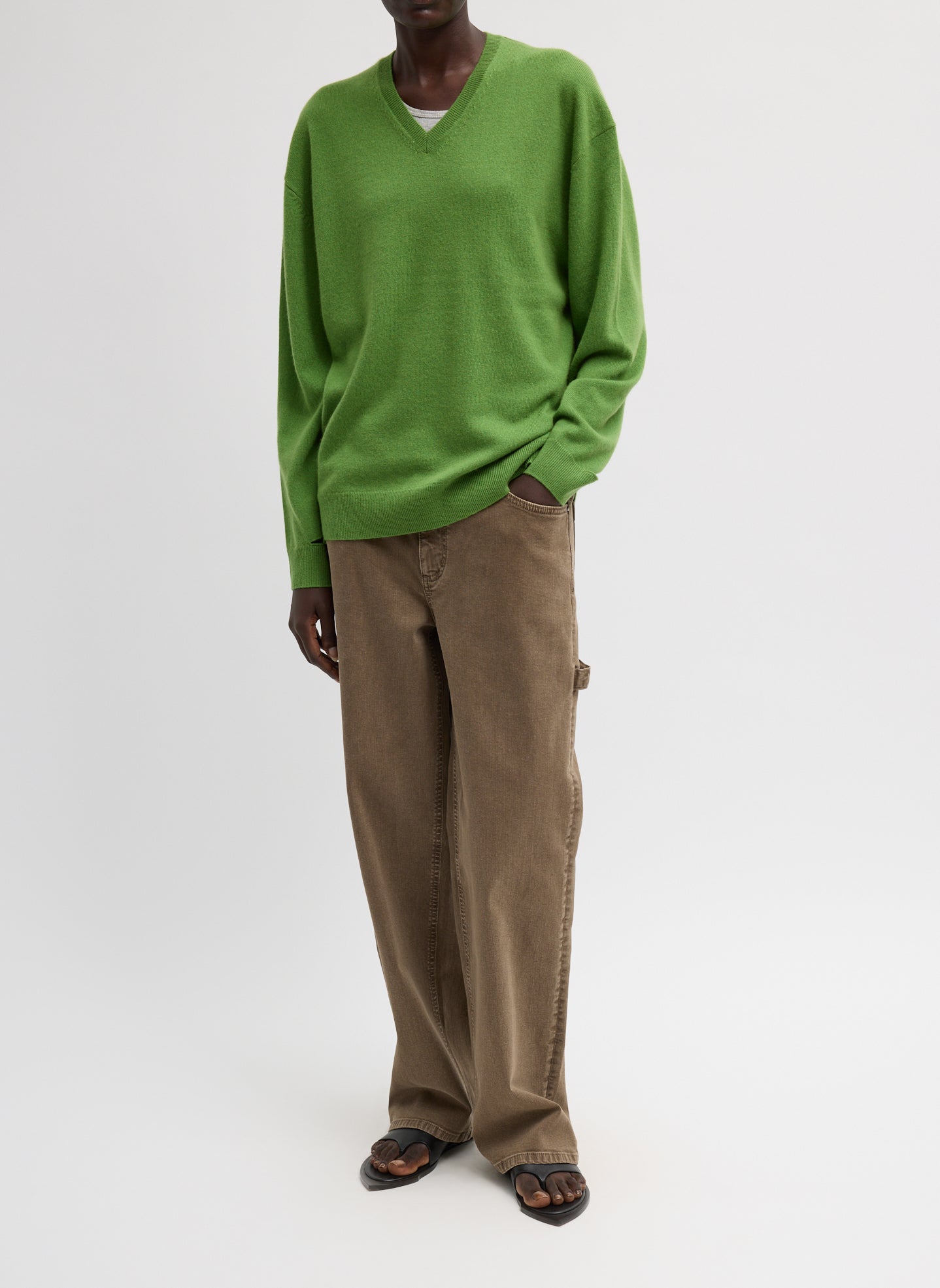 Avocado Green Washable Cashmere Easy V-Neck Sweater - full look, front view on model
