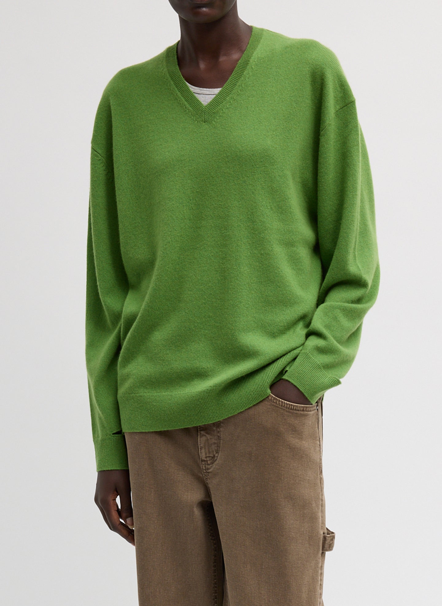 Avocado Green Washable Cashmere Easy V-Neck Sweater - front view on model