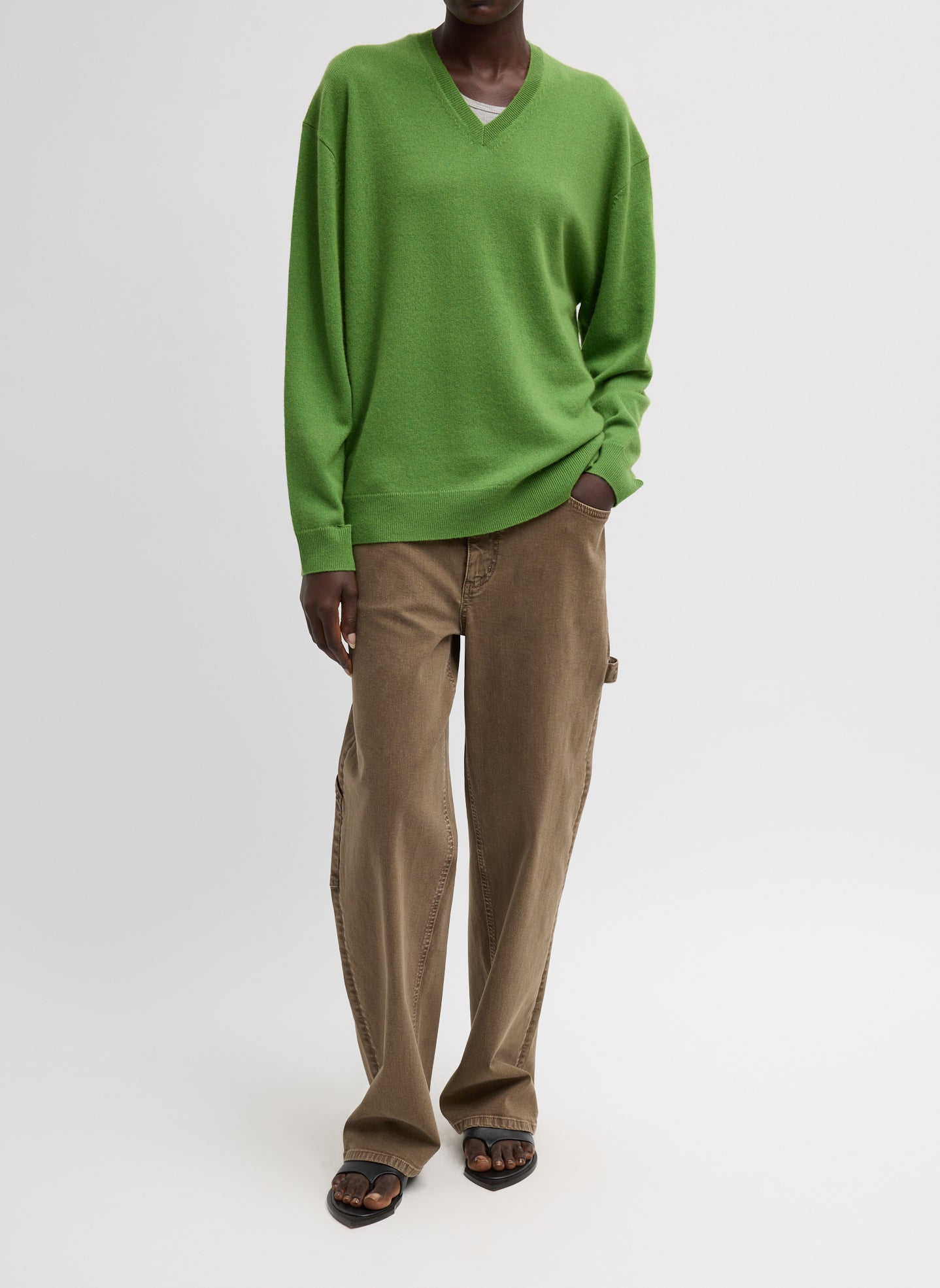 Avocado Green Washable Cashmere Easy V-Neck Sweater - full look, front view on model