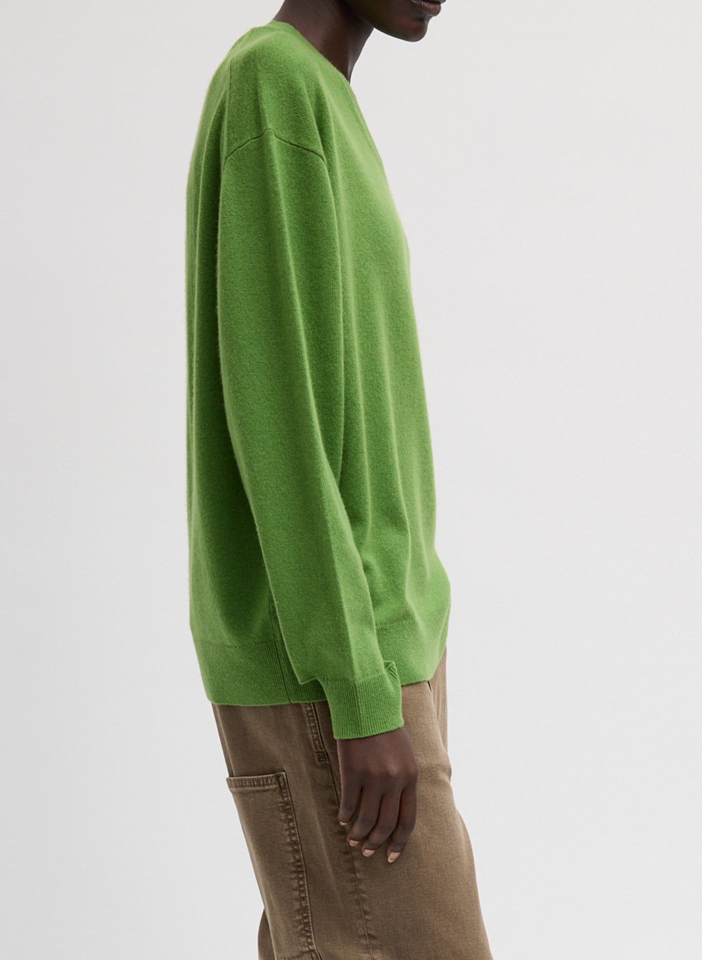 Avocado Green Washable Cashmere Easy V-Neck Sweater - side view on model