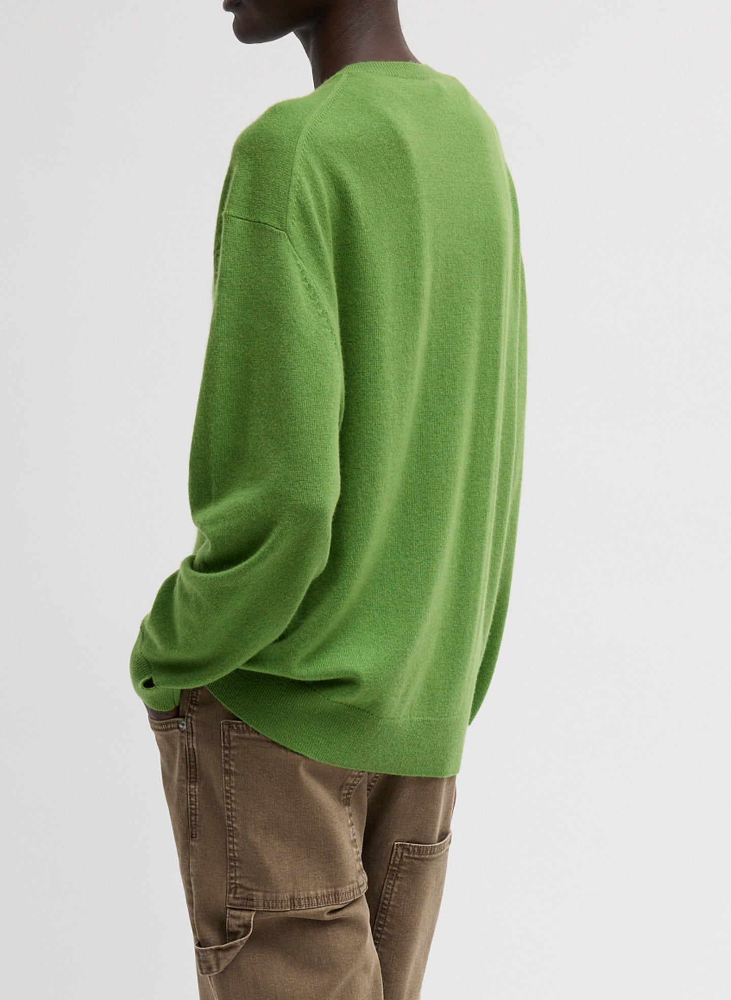 Avocado Green Washable Cashmere Easy V-Neck Sweater - side view on model