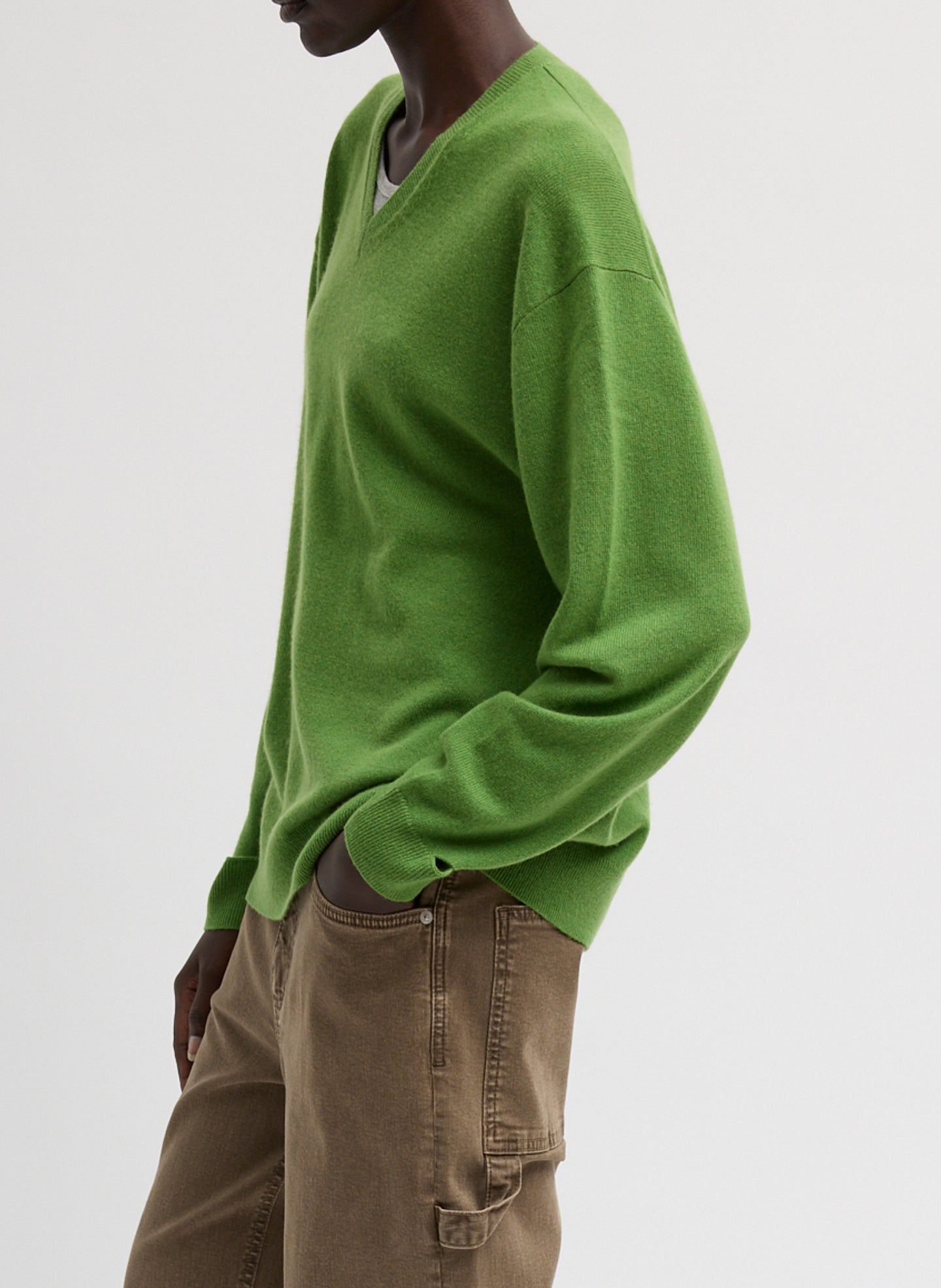 Avocado Green Washable Cashmere Easy V-Neck Sweater - side view on model