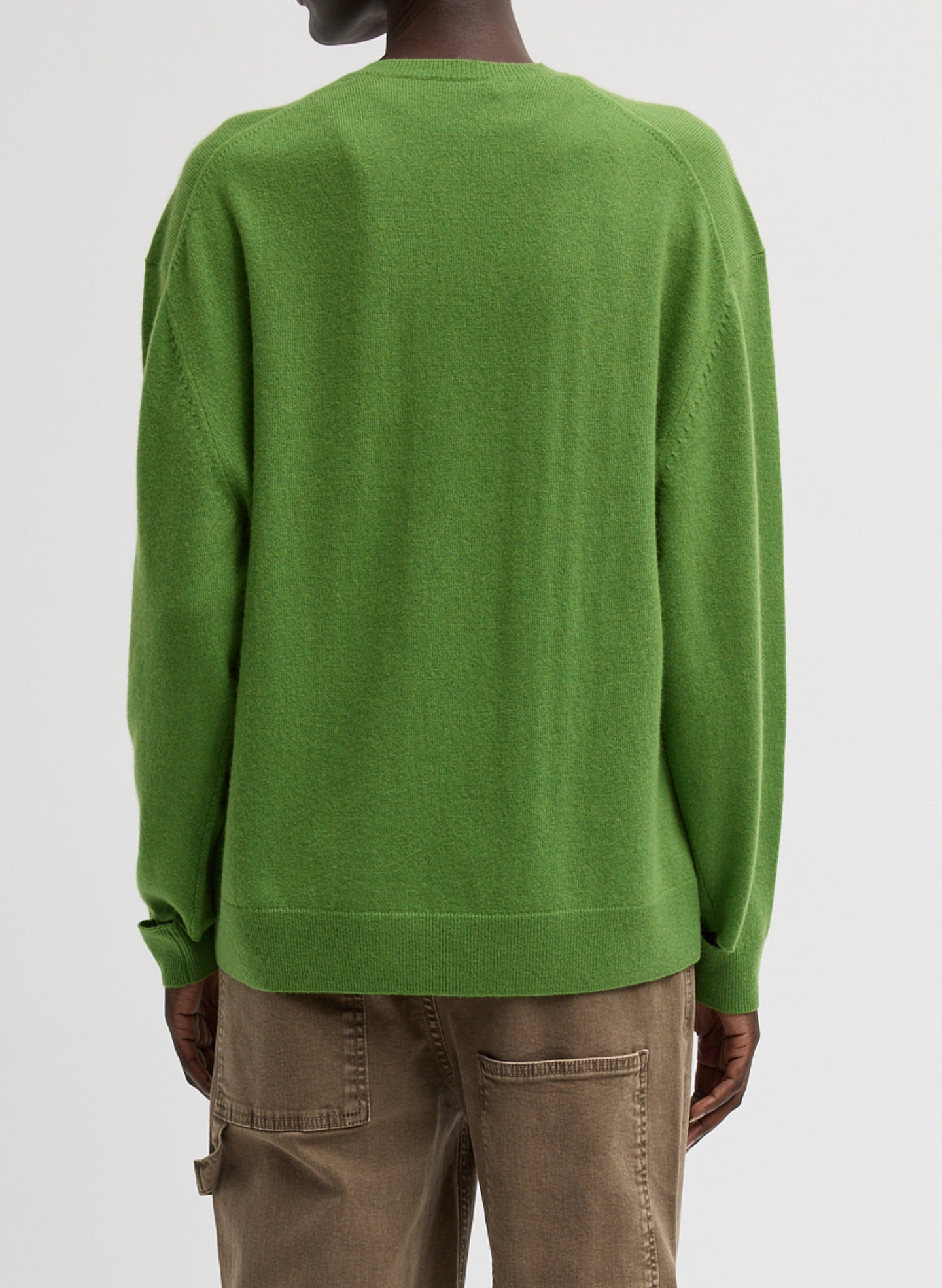 Avocado Green Washable Cashmere Easy V-Neck Sweater - back view on model