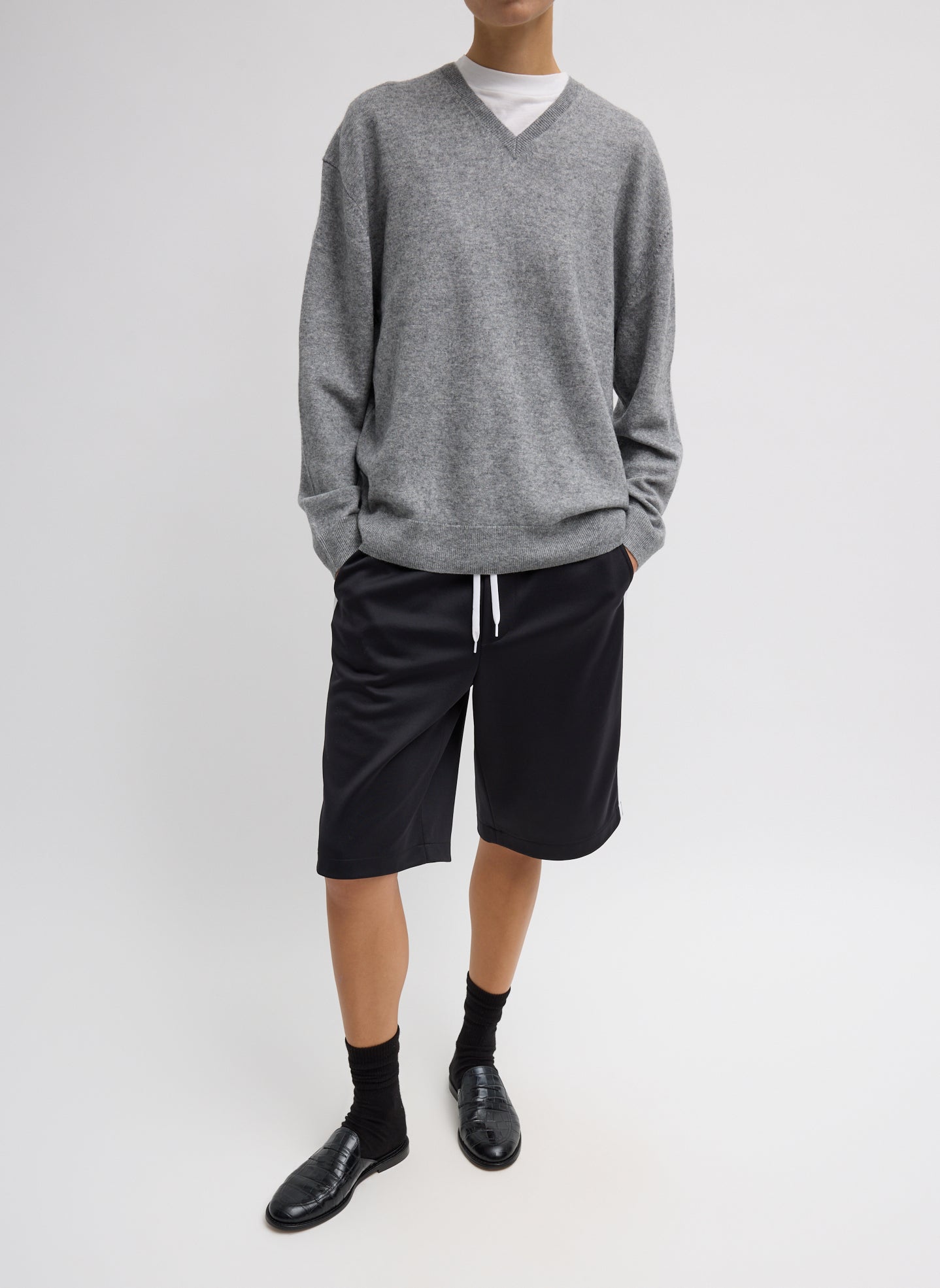 Heather Grey Washable Cashmere Easy V-Neck Sweater - full look, front view on model