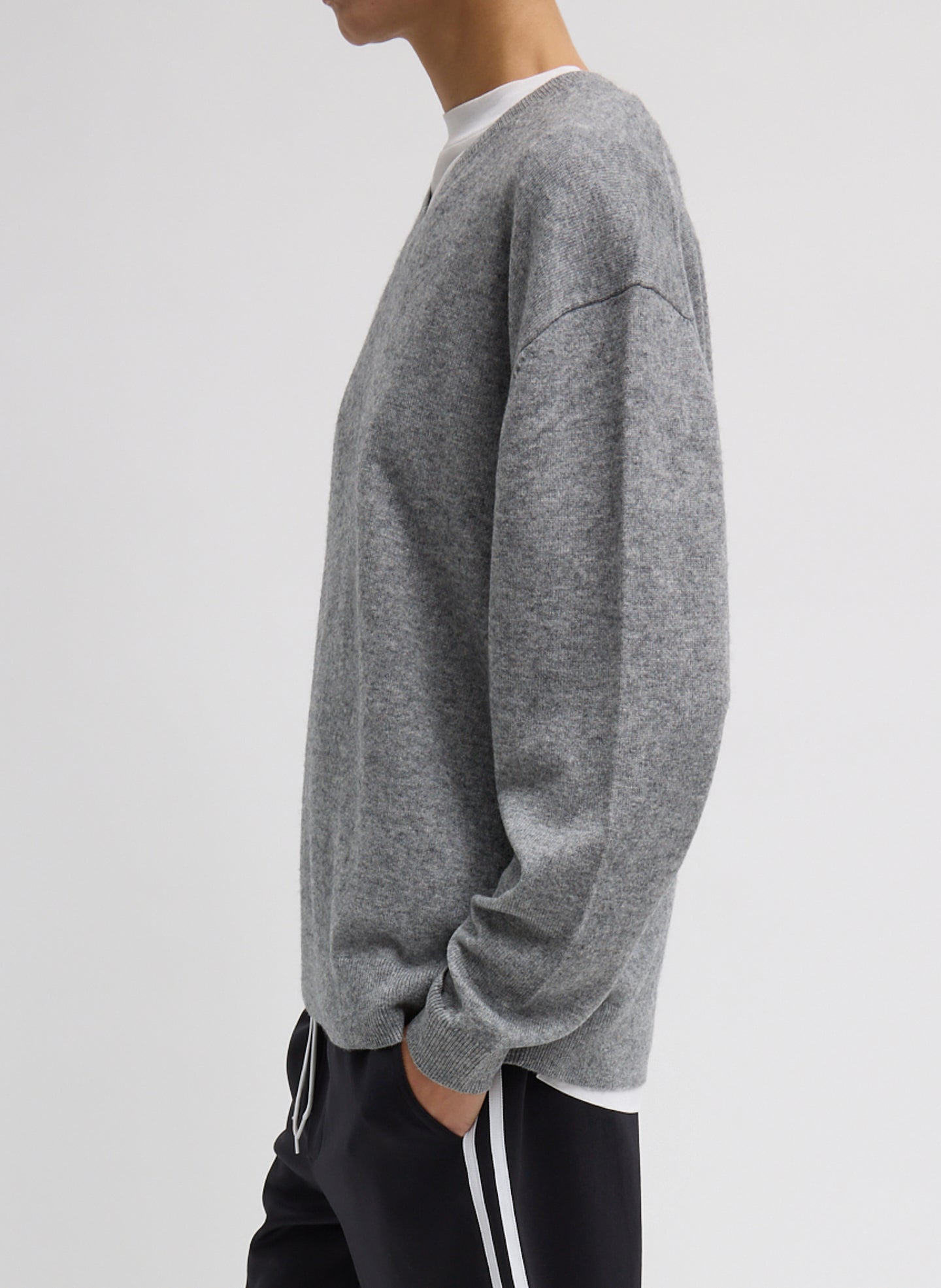 Heather Grey Washable Cashmere Easy V-Neck Sweater - side view on model