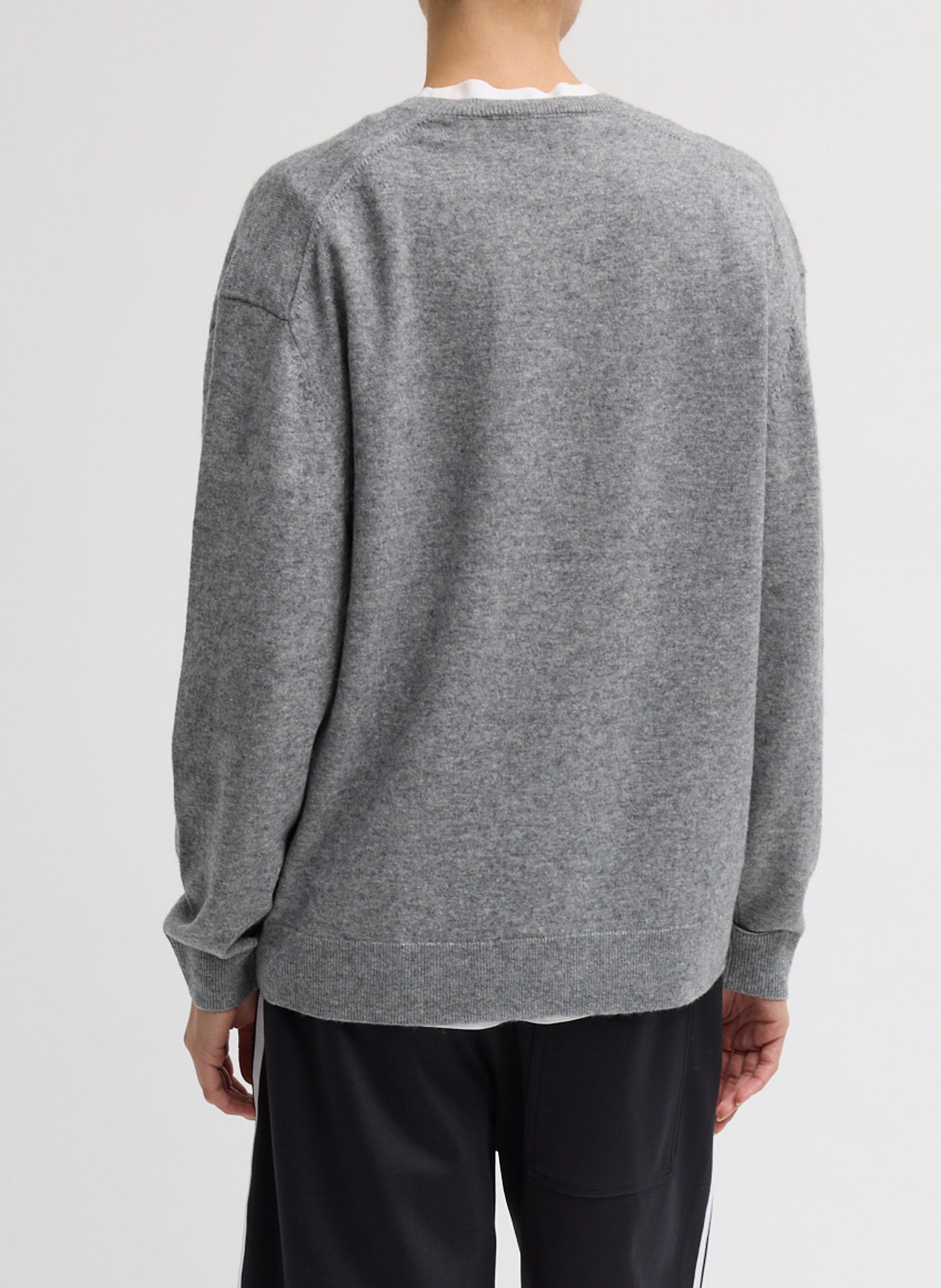 Heather Grey Washable Cashmere Easy V-Neck Sweater - back view on model