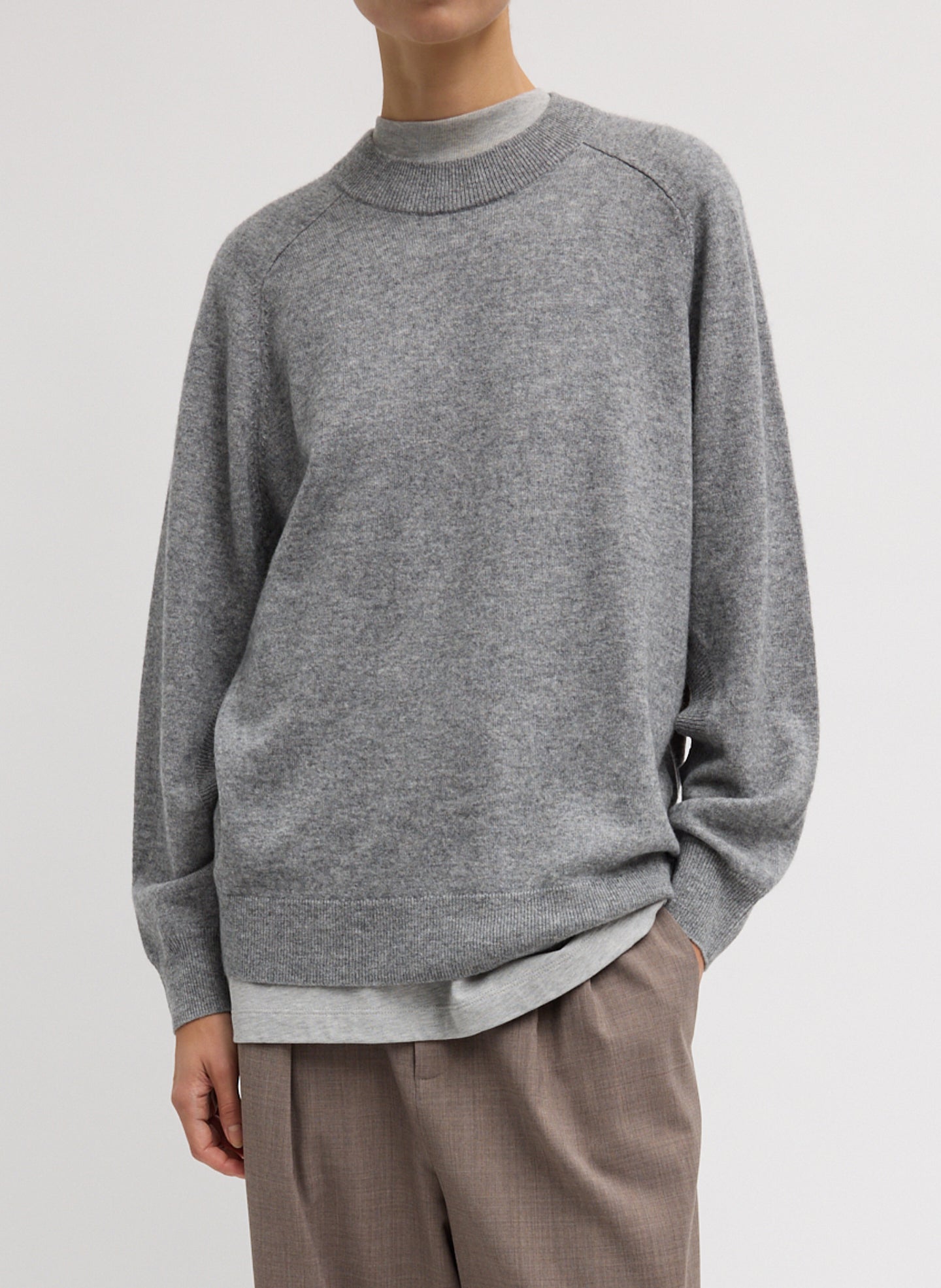 Washable Cashmere Crewneck Cut Out Sleeve Sweater - Heather Grey Washable Cashmere Crewneck Cutout Sleeve Sweater - relaxed fit, front view on model