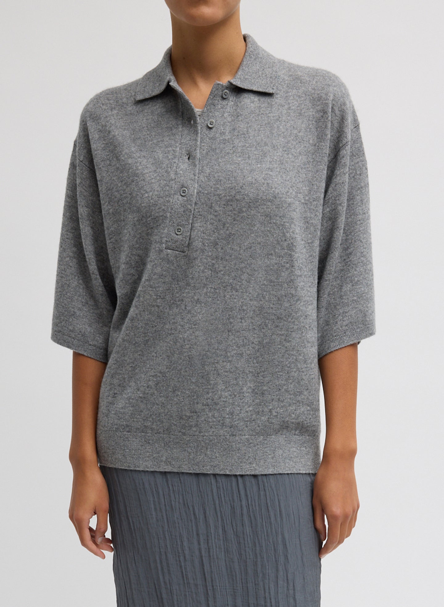 Washable Cashmere Oversized Easy Polo - Heather Grey Washable Cashmere Oversized Easy Polo - front view on model