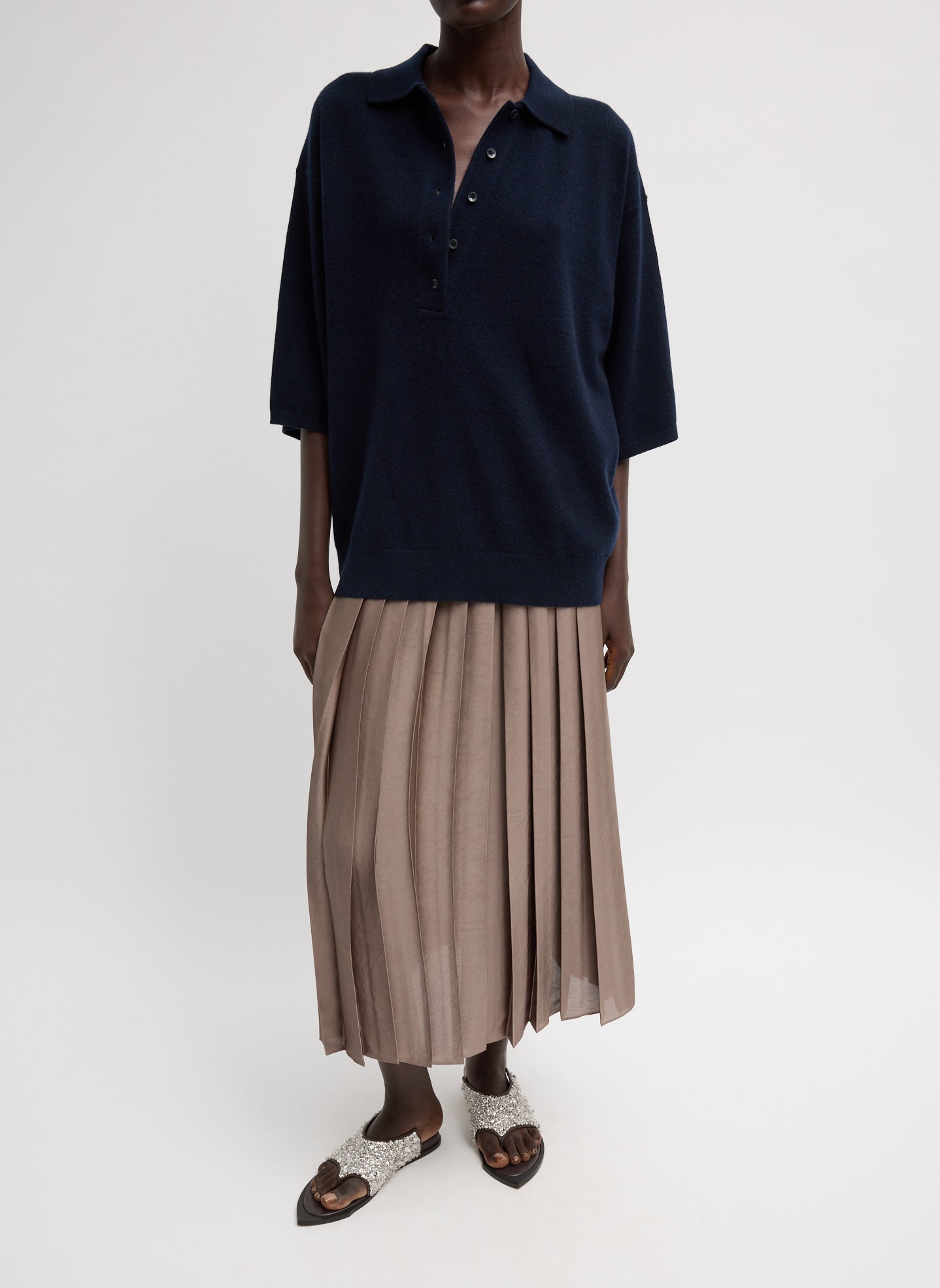 Navy Washable Cashmere Oversized Easy Polo - full look, front view on model