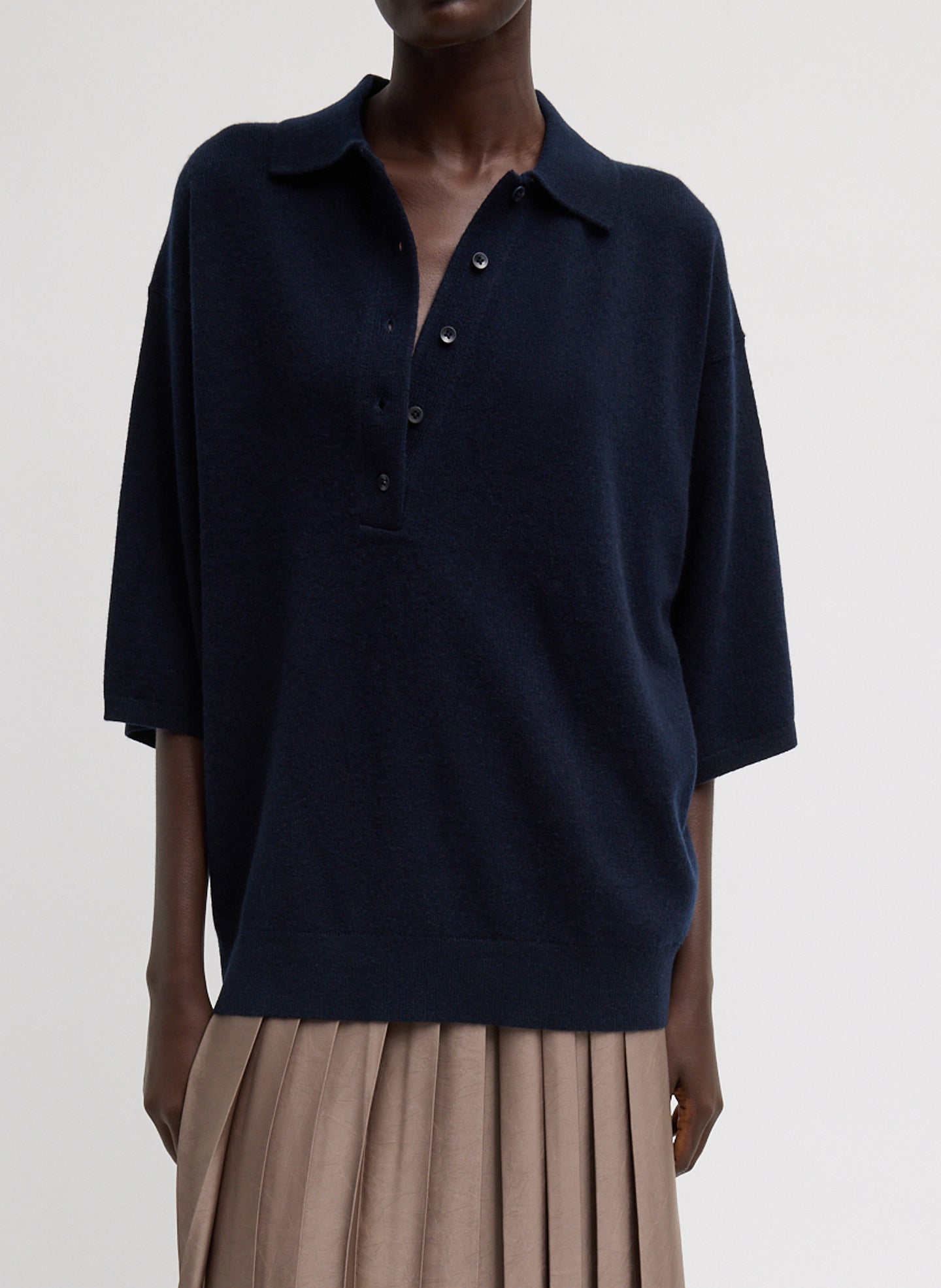 Navy Washable Cashmere Oversized Easy Polo - front view on model