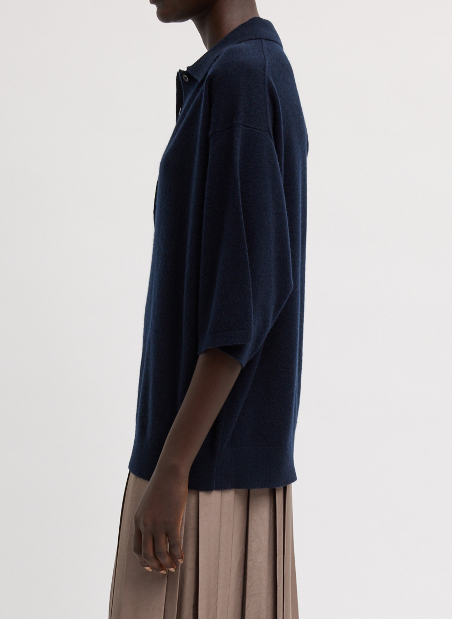 Navy Washable Cashmere Oversized Easy Polo - side view on model