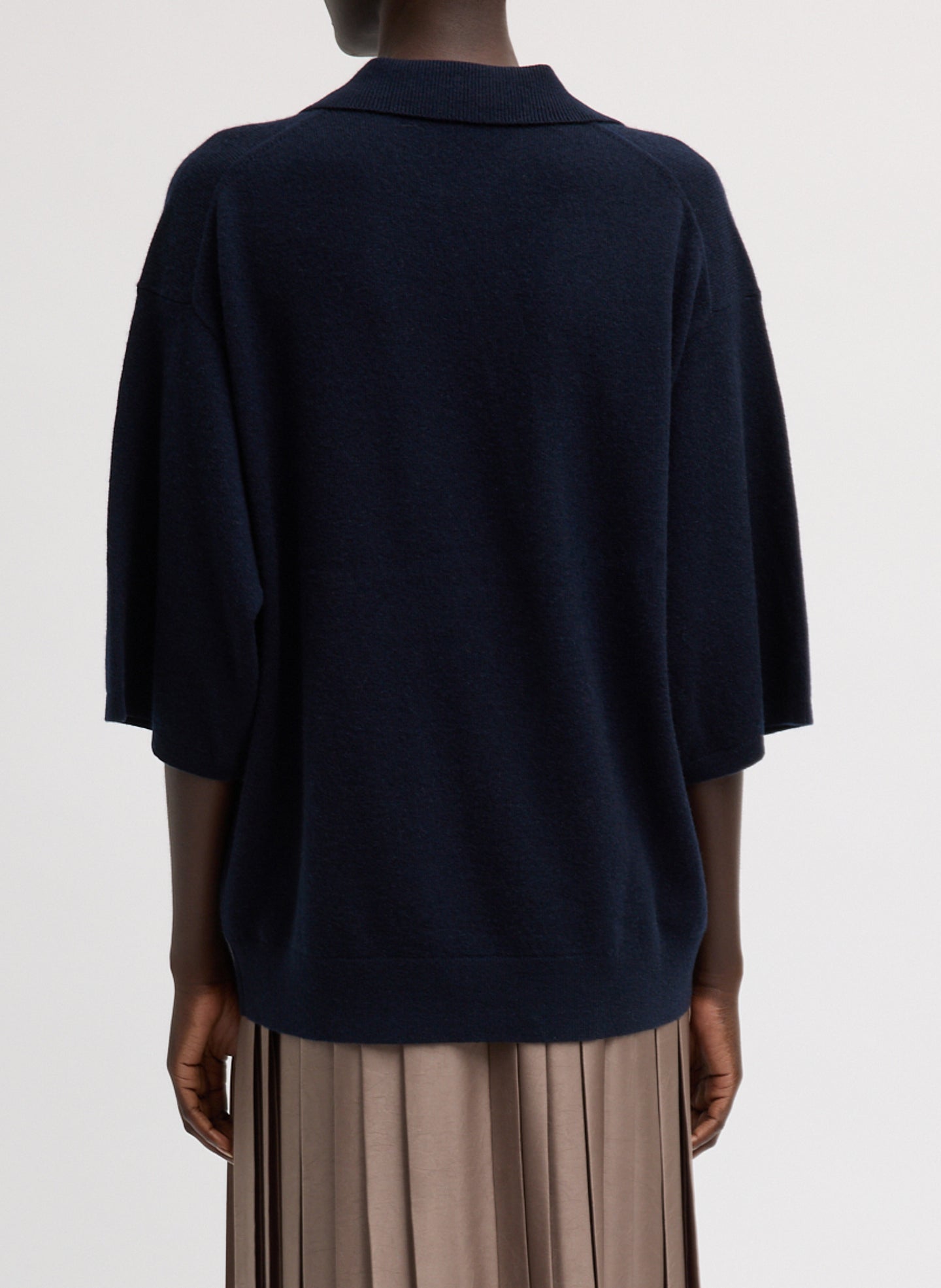 Navy Washable Cashmere Oversized Easy Polo - back view on model