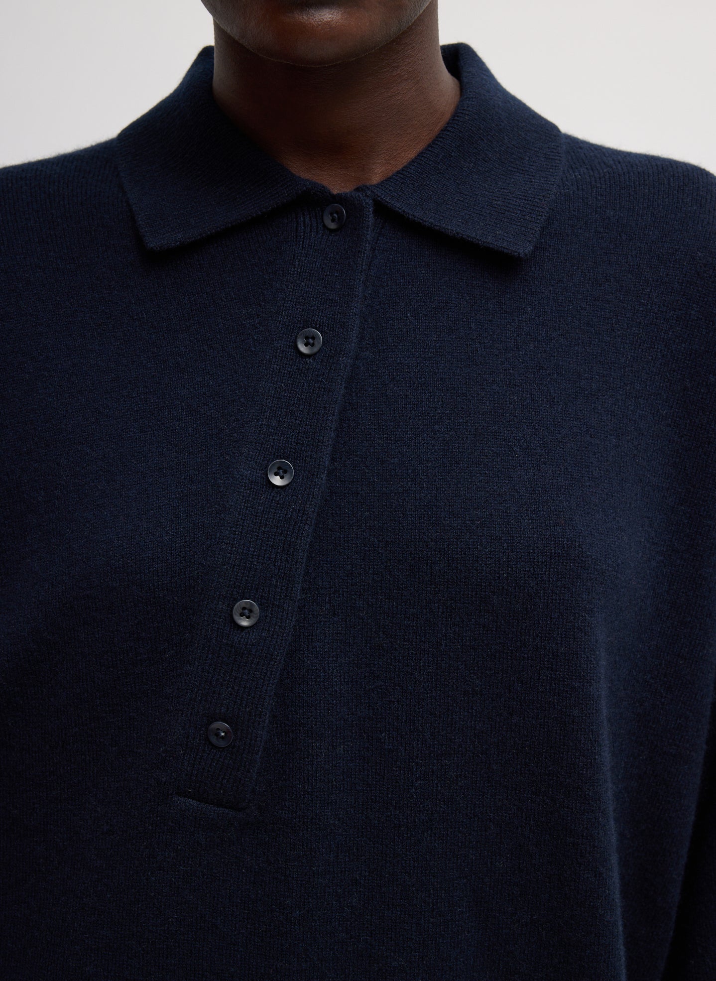 Navy Washable Cashmere Oversized Easy Polo - closeup of asymmetrical collar detail