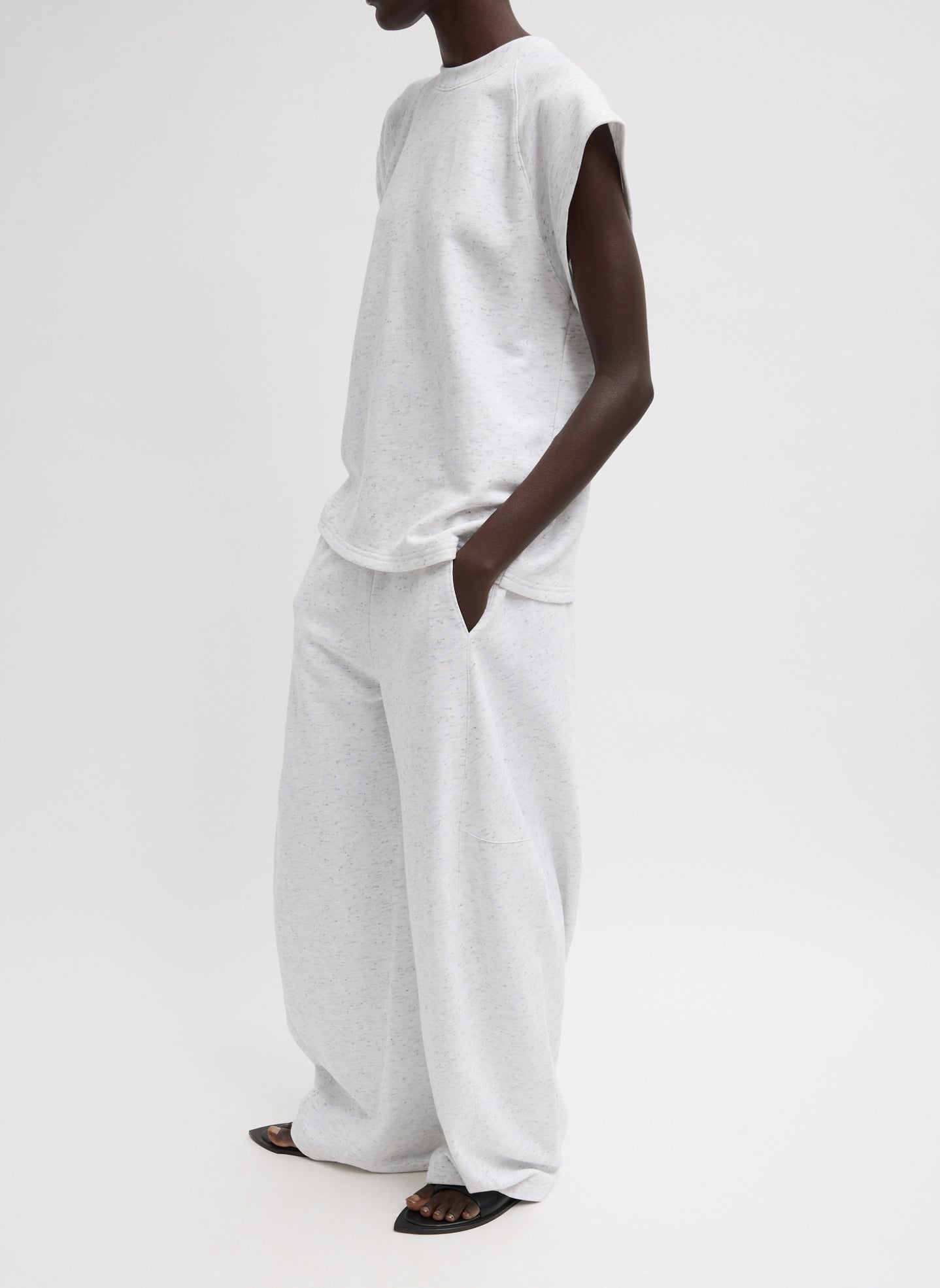 White Multi Spring Tweedy Sweatshirting Winslow Pant - barrel leg sweatpant, side view on model