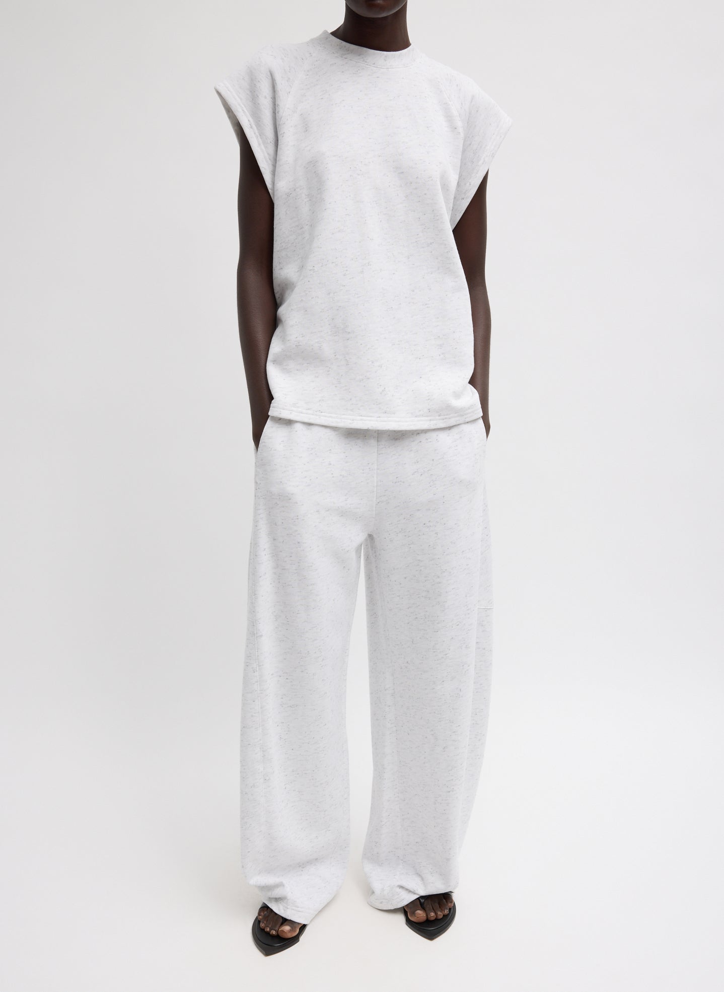 White Multi Spring Tweedy Sweatshirting Sleeveless Easy Top - full look, front view on model