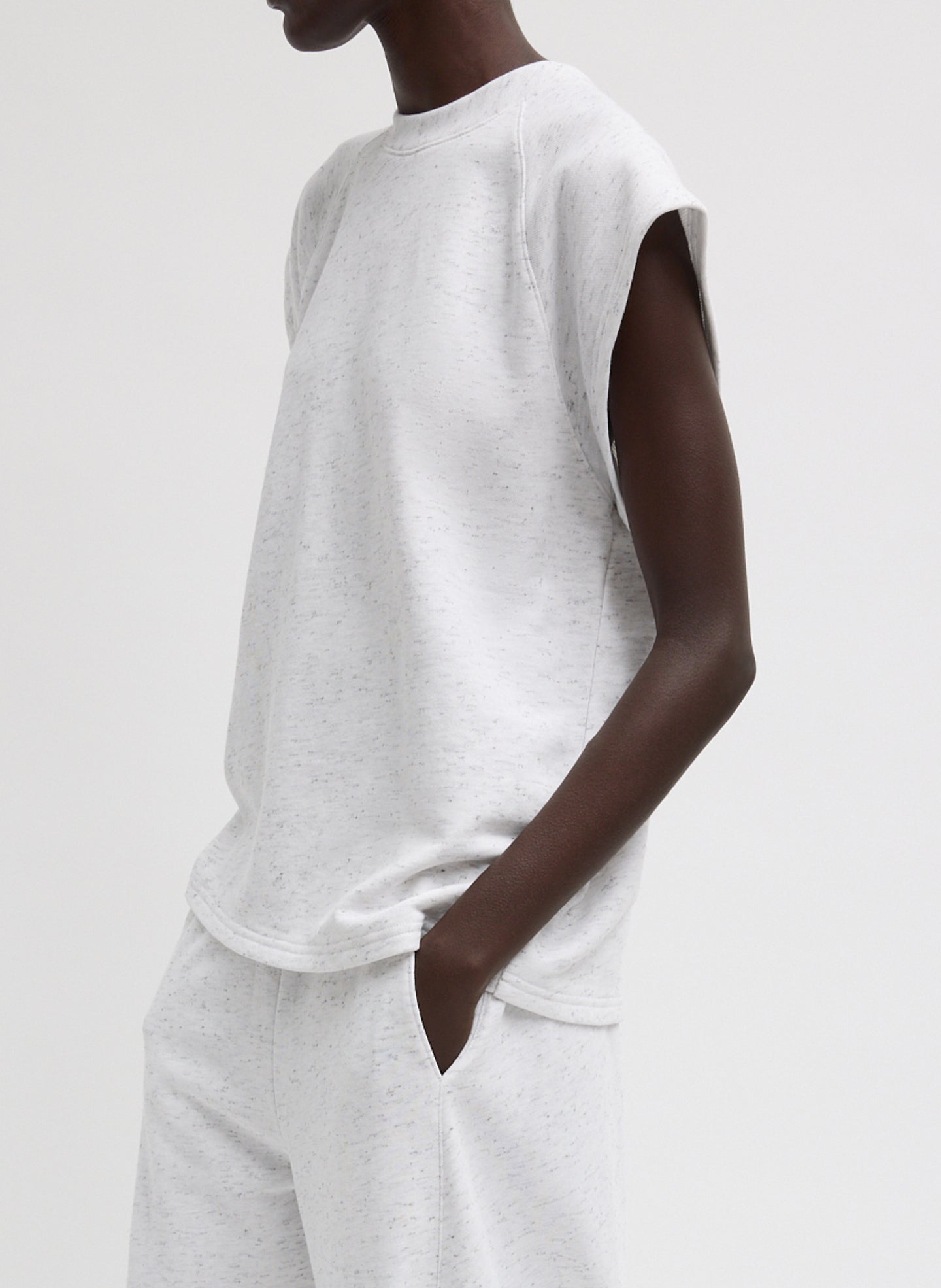 White Multi Spring Tweedy Sweatshirting Sleeveless Easy Top - sleeveless sweatshirt, side view on model