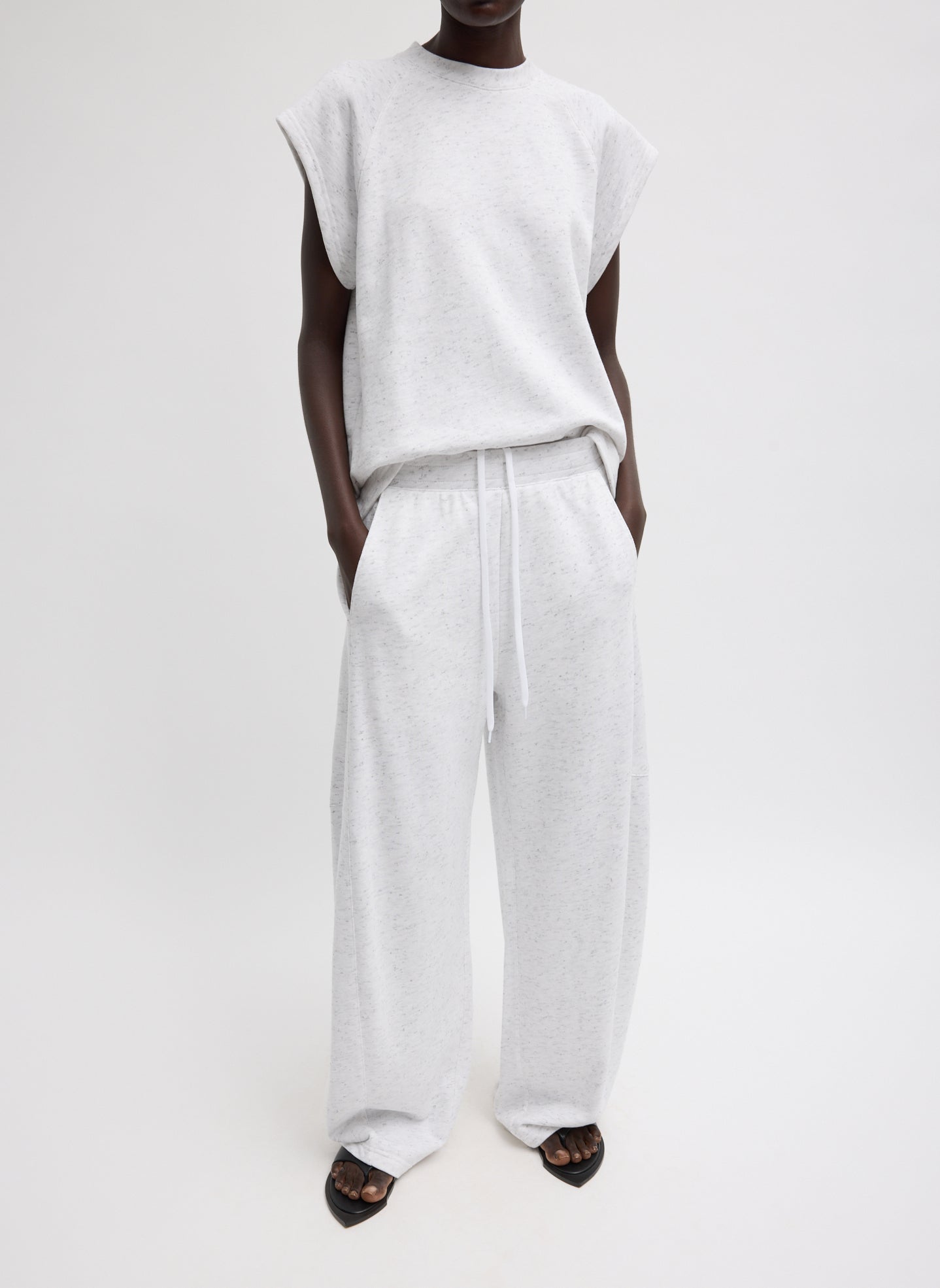 White Multi Spring Tweedy Sweatshirting Sleeveless Easy Top - full look, front view on model