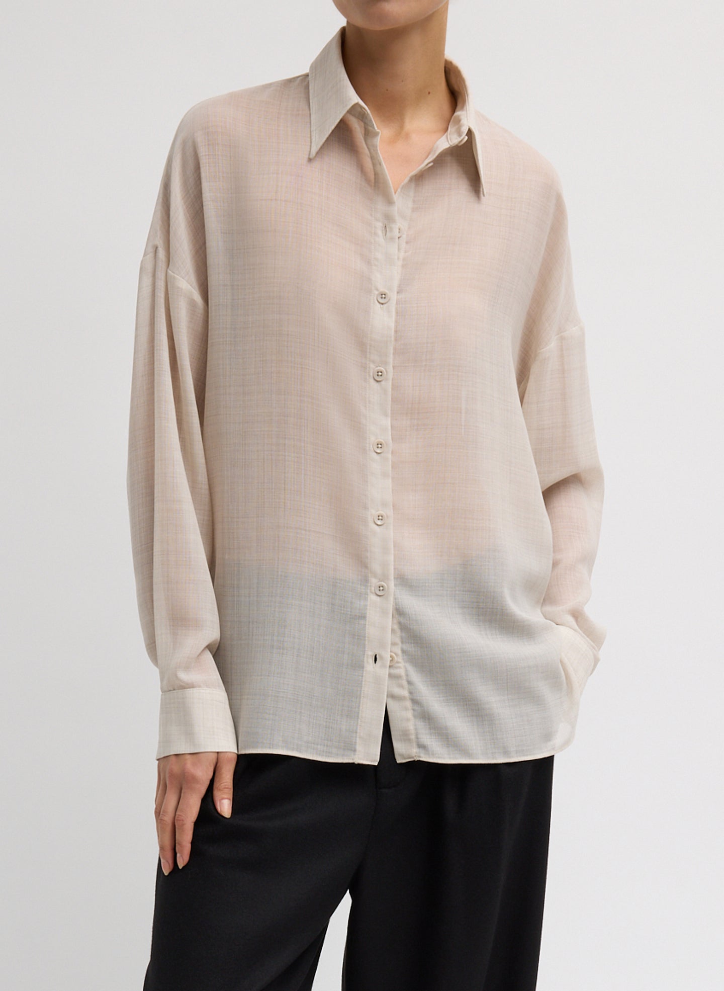Oatmeal Melange Wool Gauze Oversized Shirt - button down top, front view on model