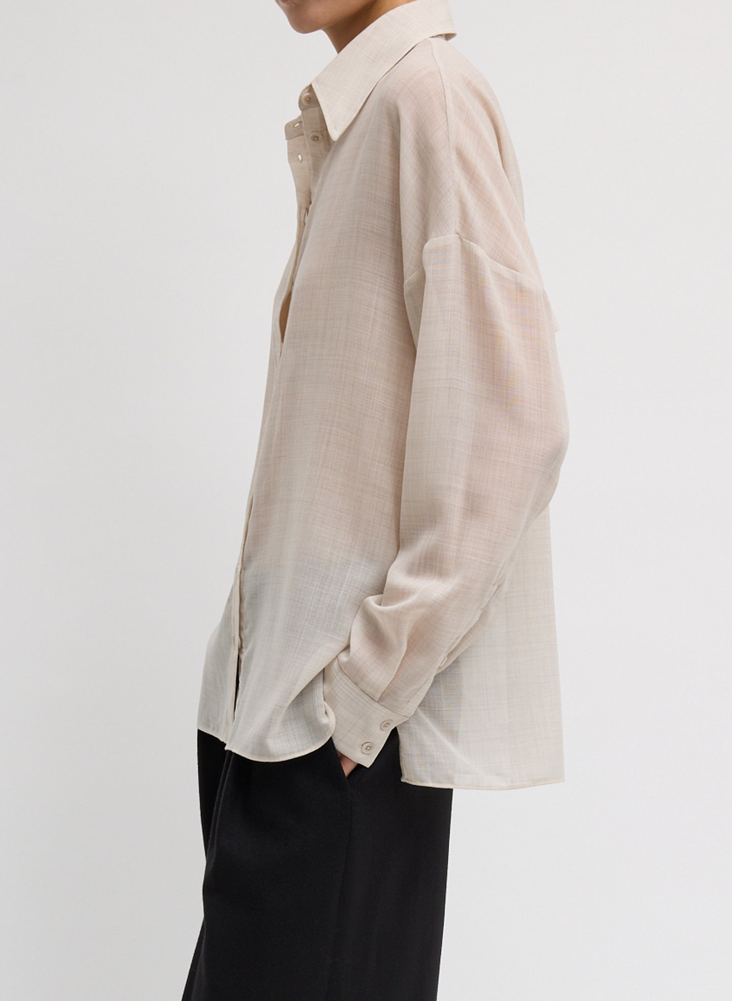 Oatmeal Melange Wool Gauze Oversized Shirt - button down top, side view on model