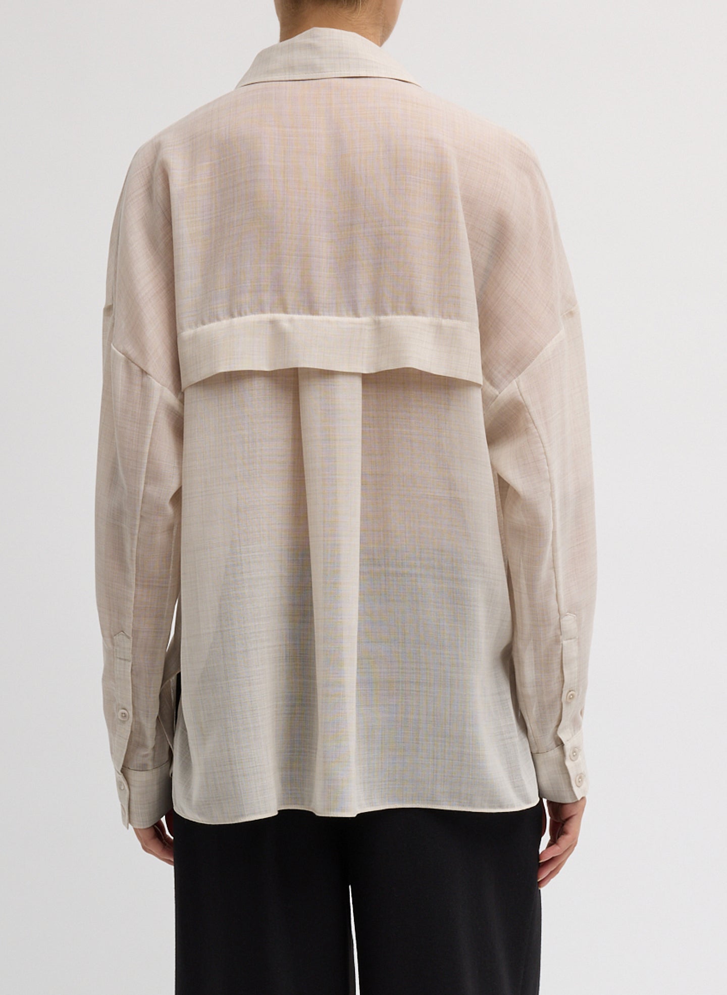 Oatmeal Melange Wool Gauze Oversized Shirt - button down top, back view on model