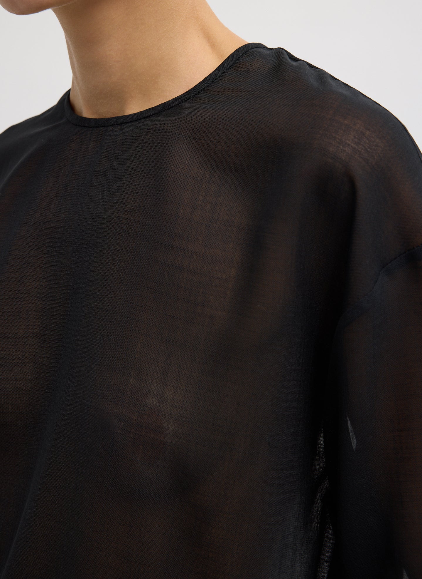 Black Sheer Wool Gauze Easy T-Shirt - closeup of sheer wool gauze fabrication
