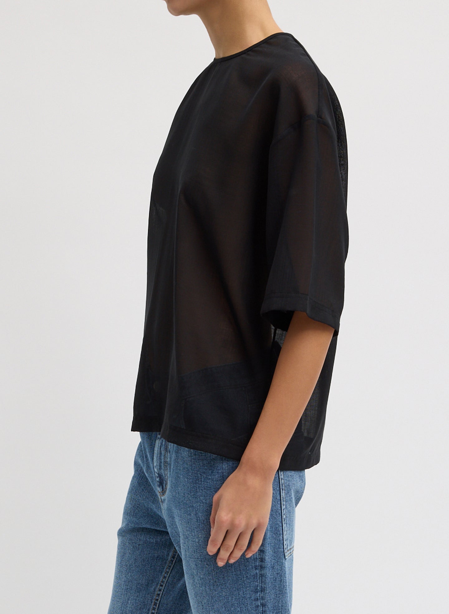 Black Sheer Wool Gauze Easy T-Shirt - oversized tee, side view on model