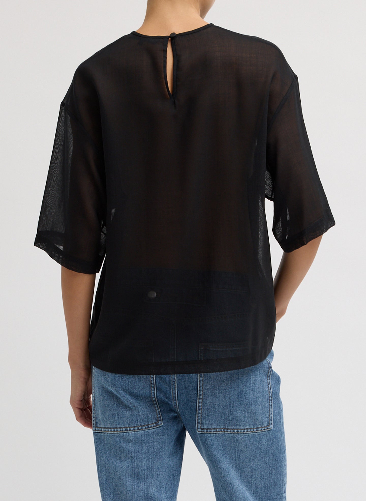 Black Sheer Wool Gauze Easy T-Shirt - oversized tee, back view on model