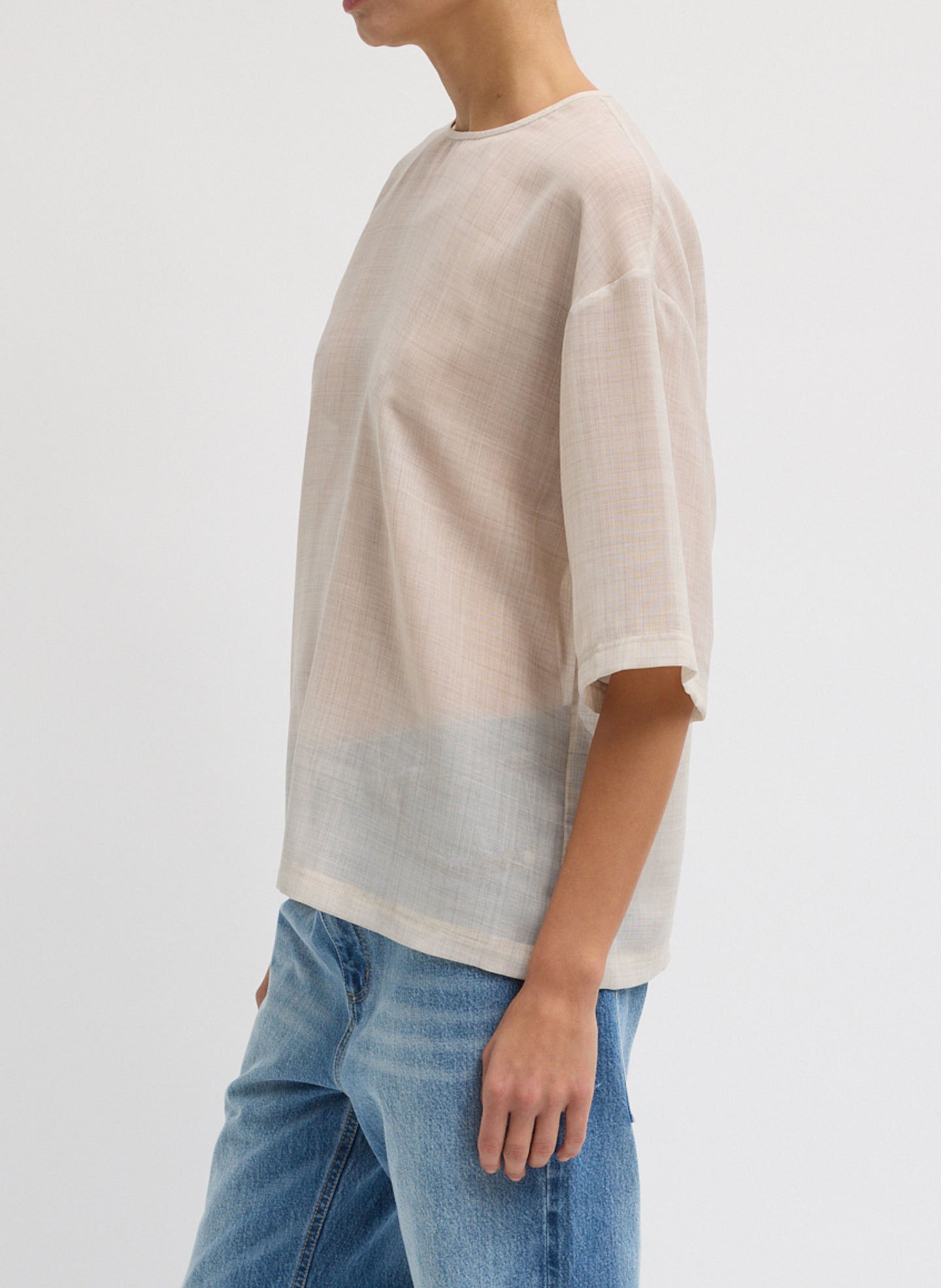 Oatmeal Melange Sheer Wool Gauze Easy T-Shirt - oversized tee, side view on model