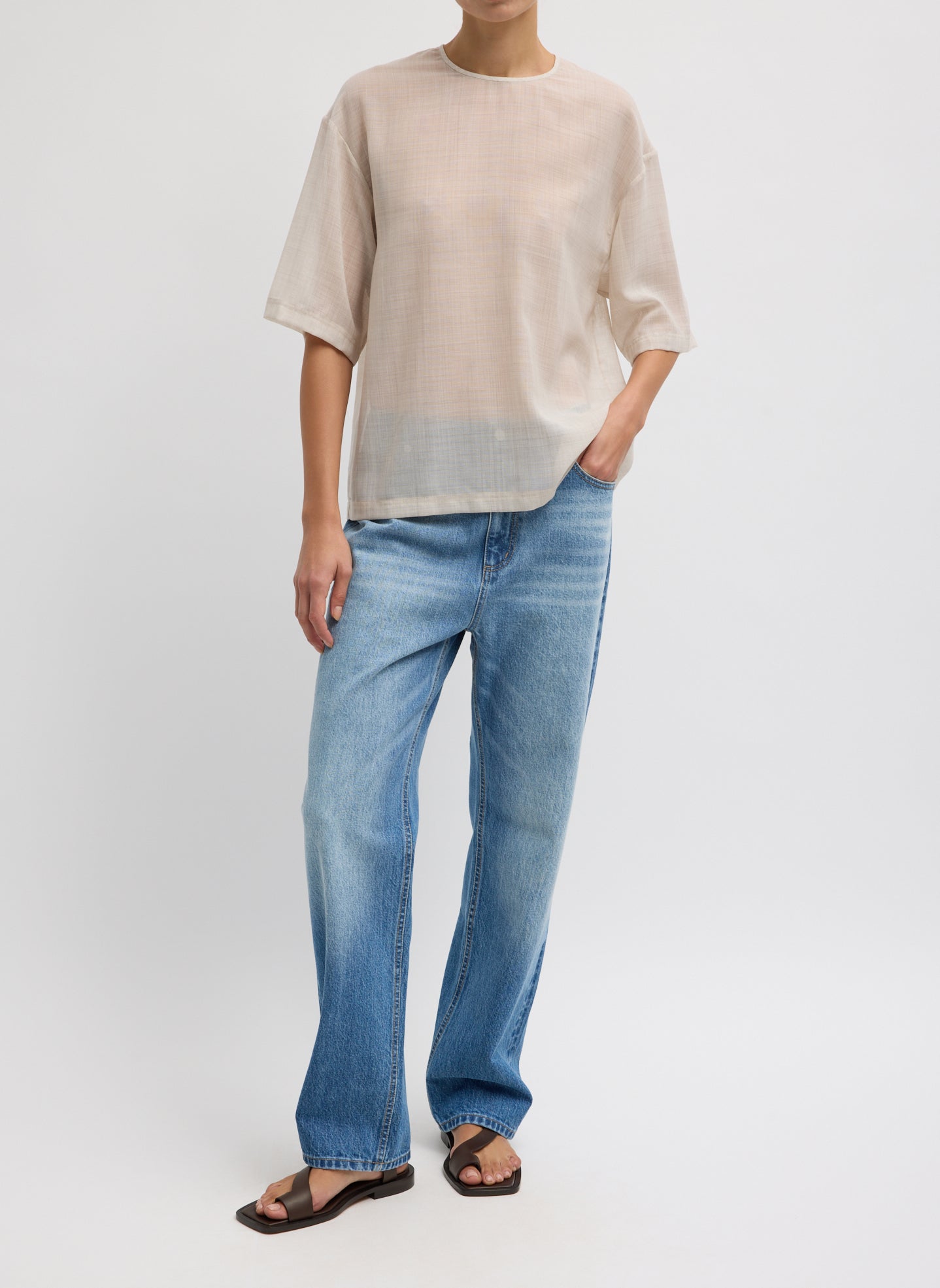 Oatmeal Melange Sheer Wool Gauze Easy T-Shirt - full look, front view on model