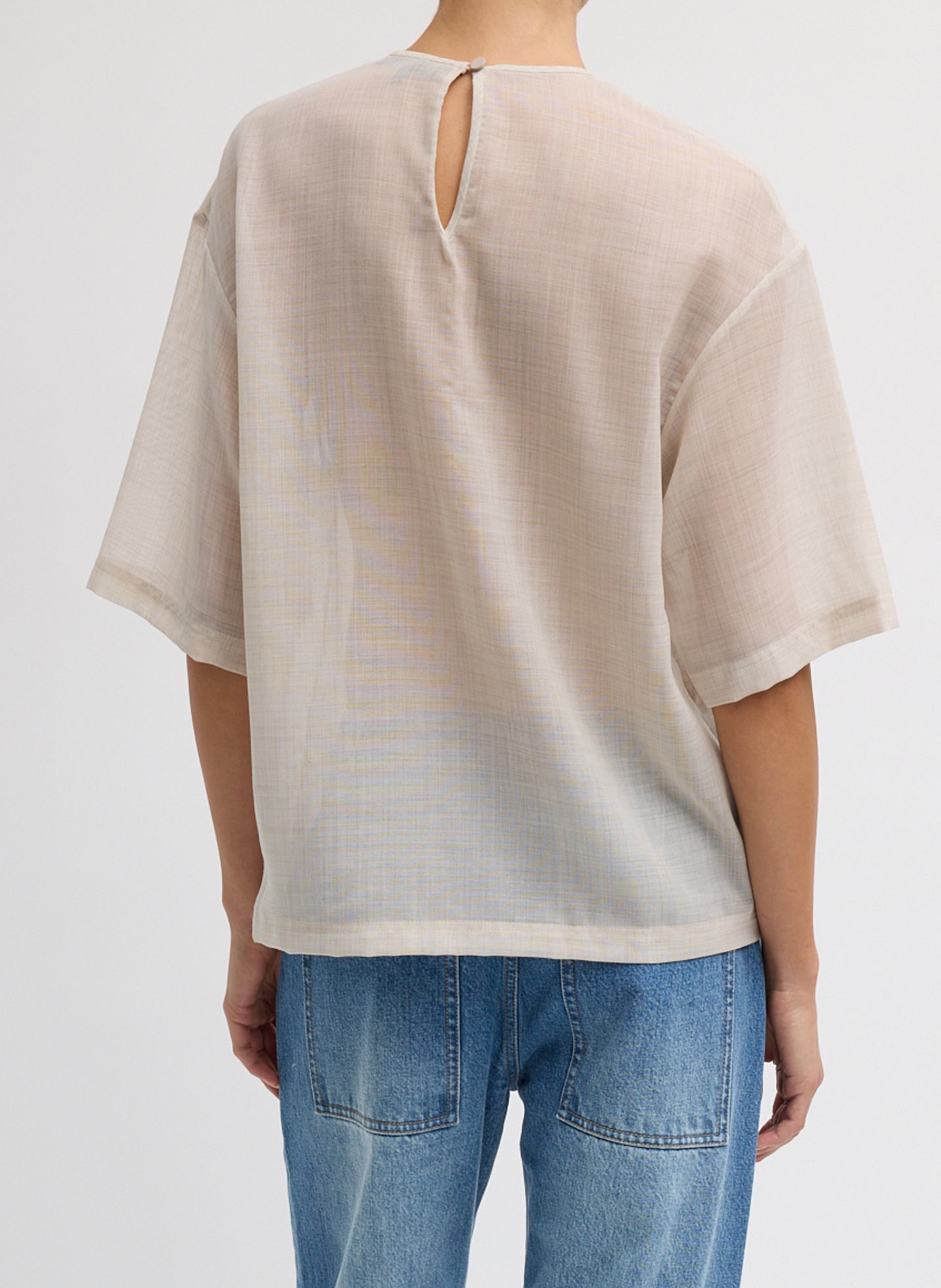 Oatmeal Melange Sheer Wool Gauze Easy T-Shirt - oversized tee, back view on model
