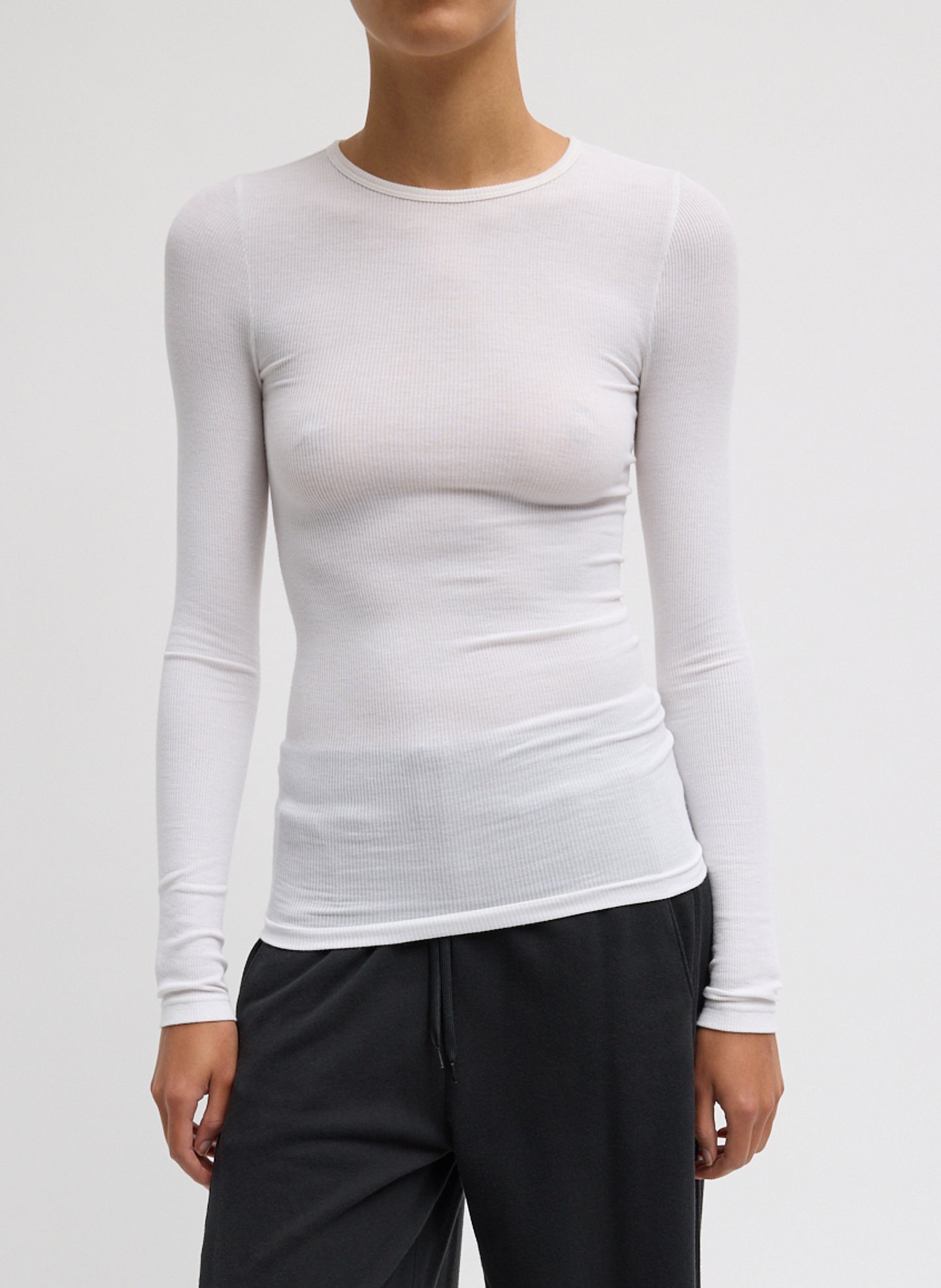 White Circular Ribbed Crewneck Pullover T-Shirt - front view on model