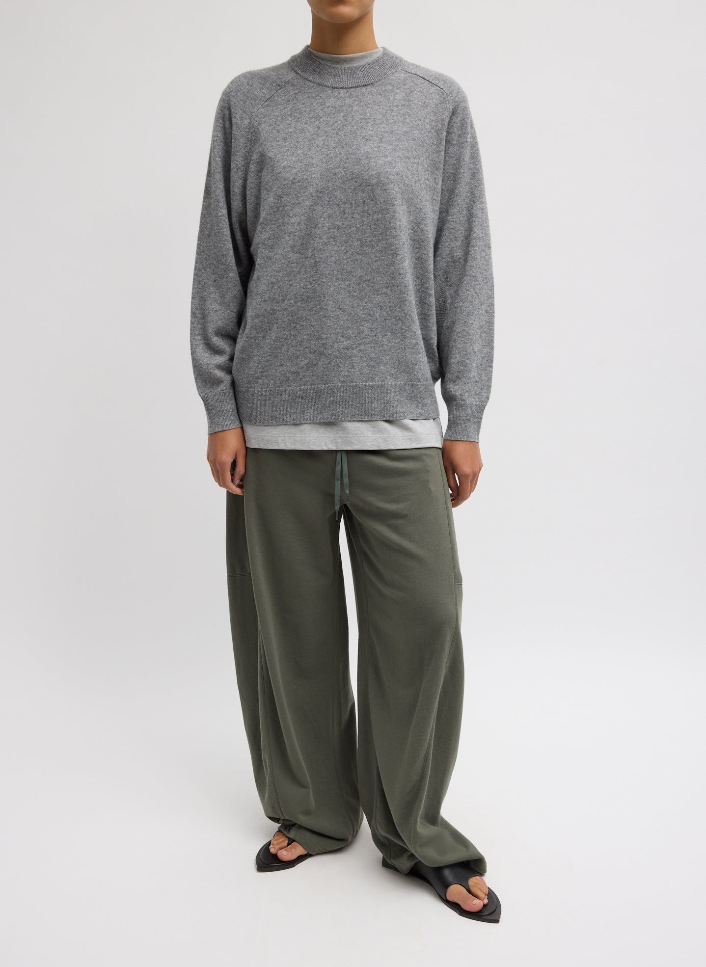 Olive Green Light Weight Sweatshirting Winslow Pant - barrel leg sweatpant, front view on model