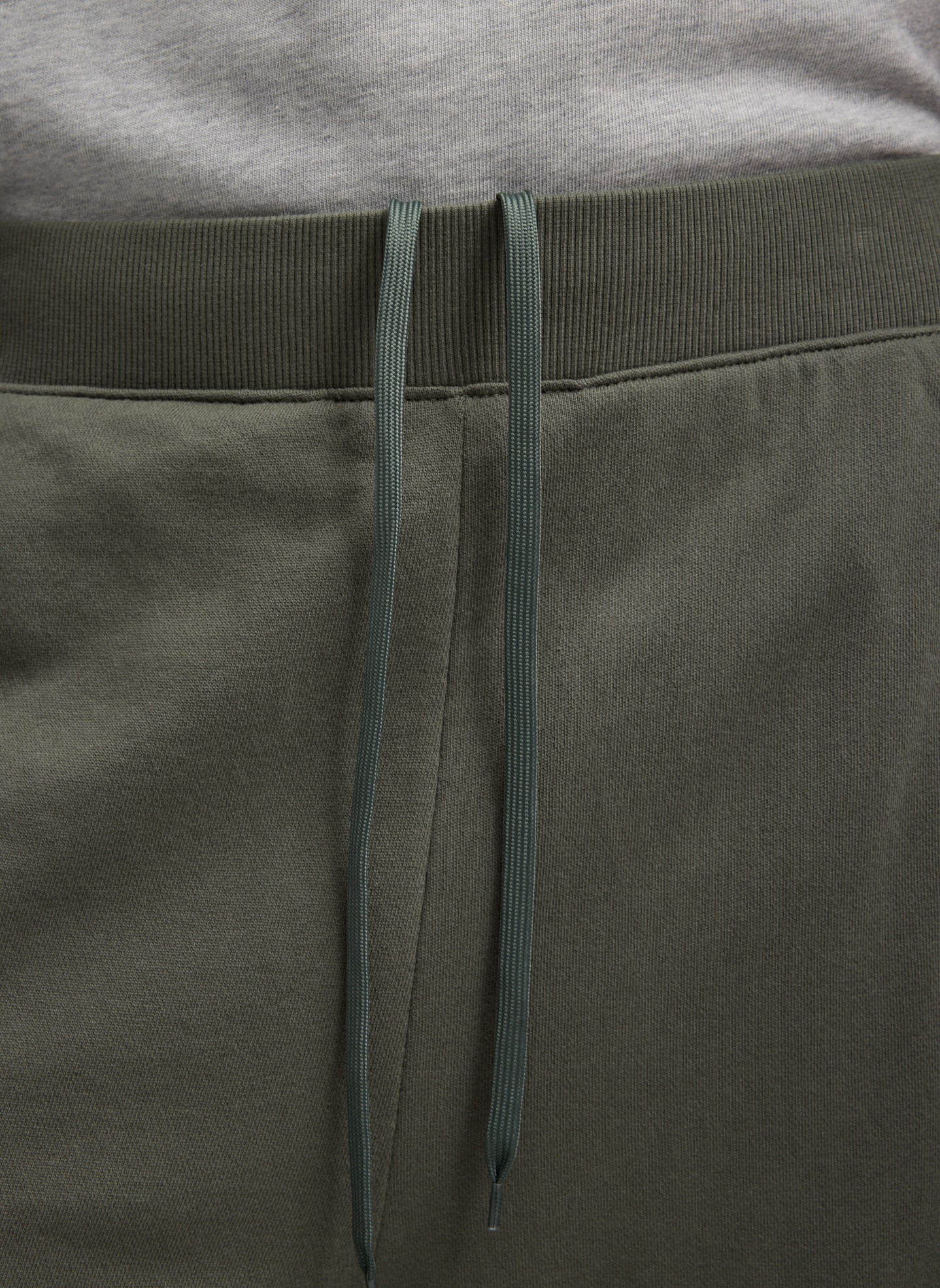 Olive Green Light Weight Sweatshirting Winslow Pant - closeup of drawstring detail at waistband