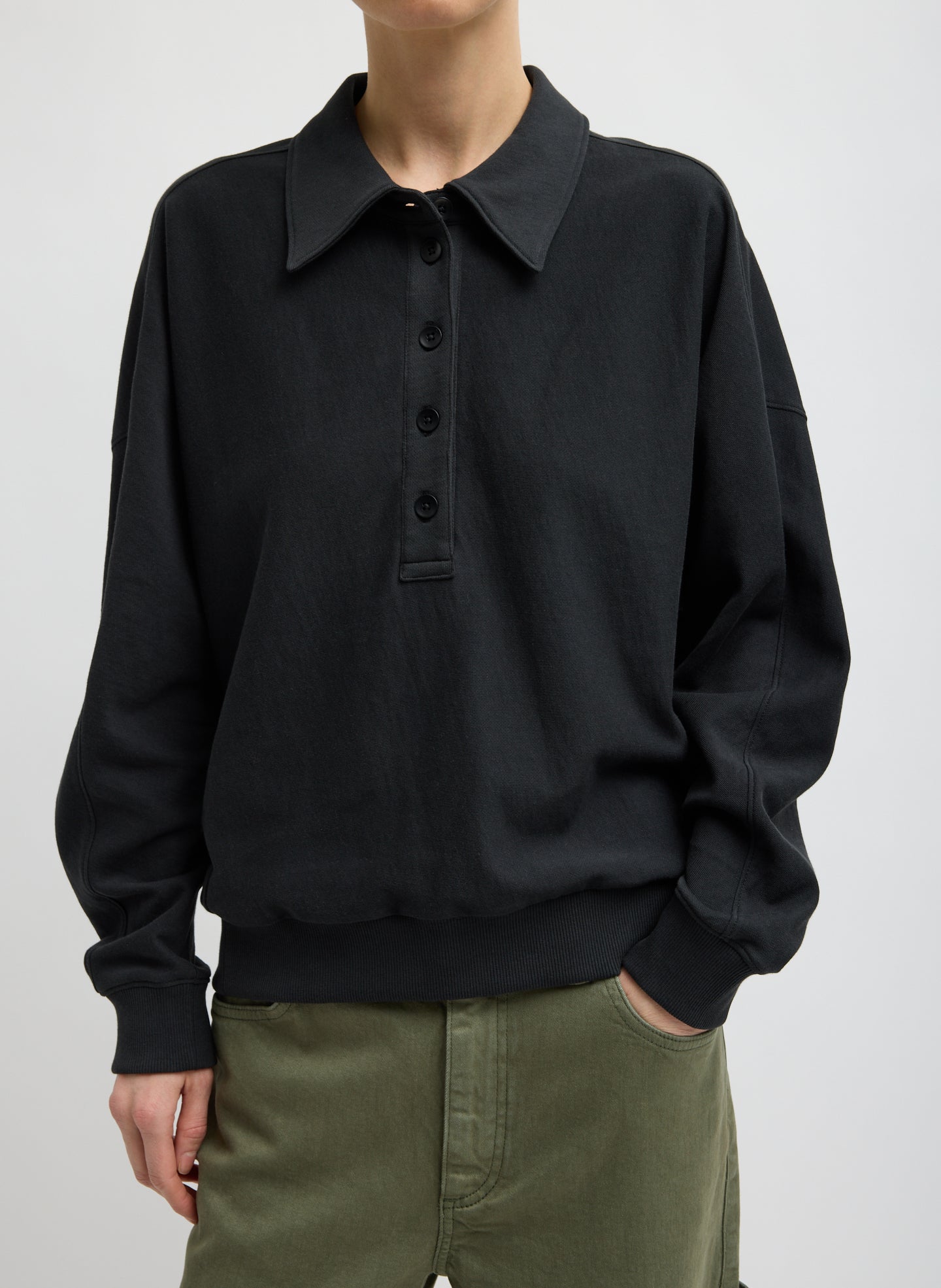 Black Light Weight Sweatshirting Polo Collar Sweatshirt - front view on model