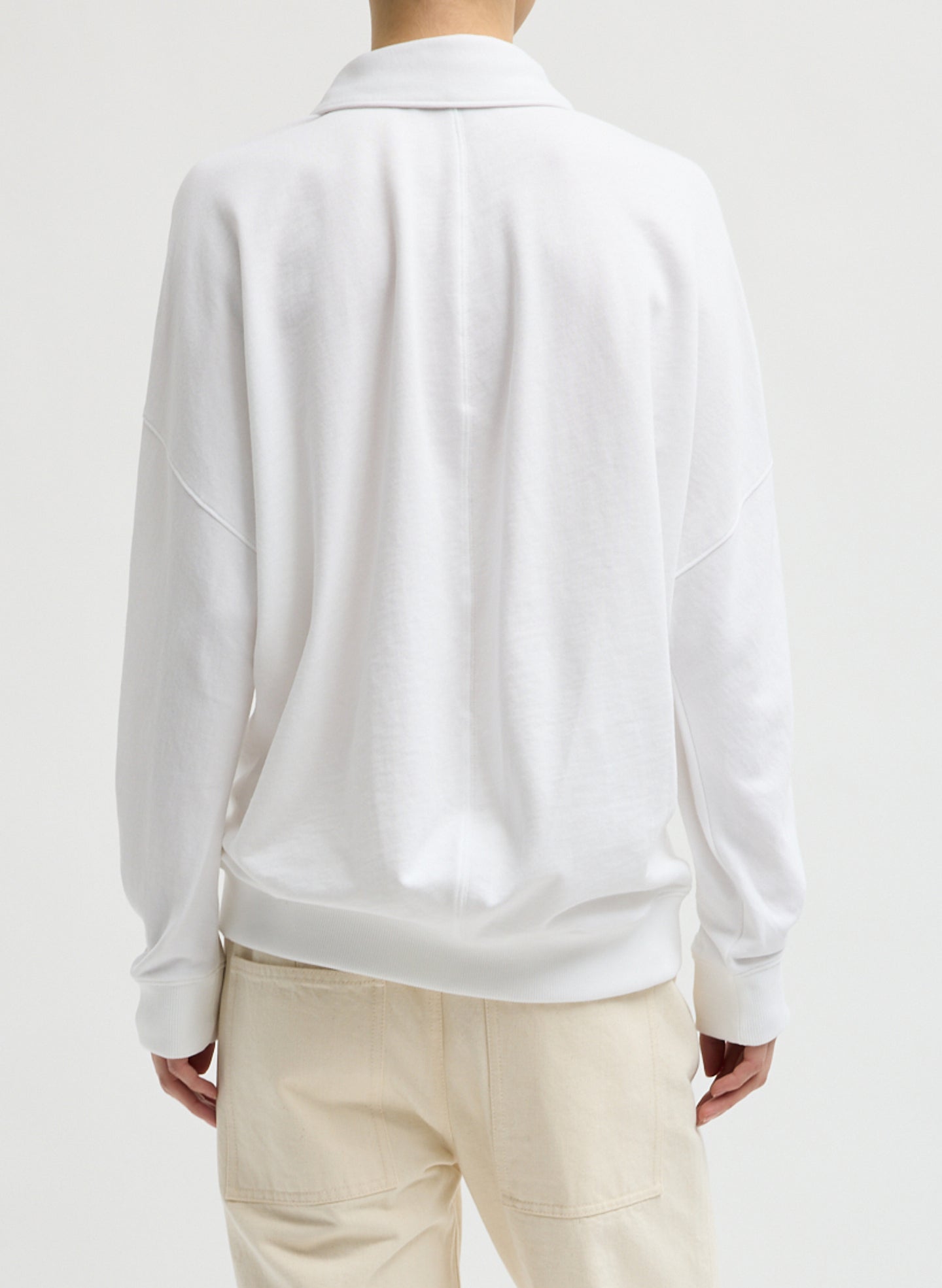 White Light Weight Sweatshirting Polo Collar Sweatshirt - polo sweatshirt, back view on model