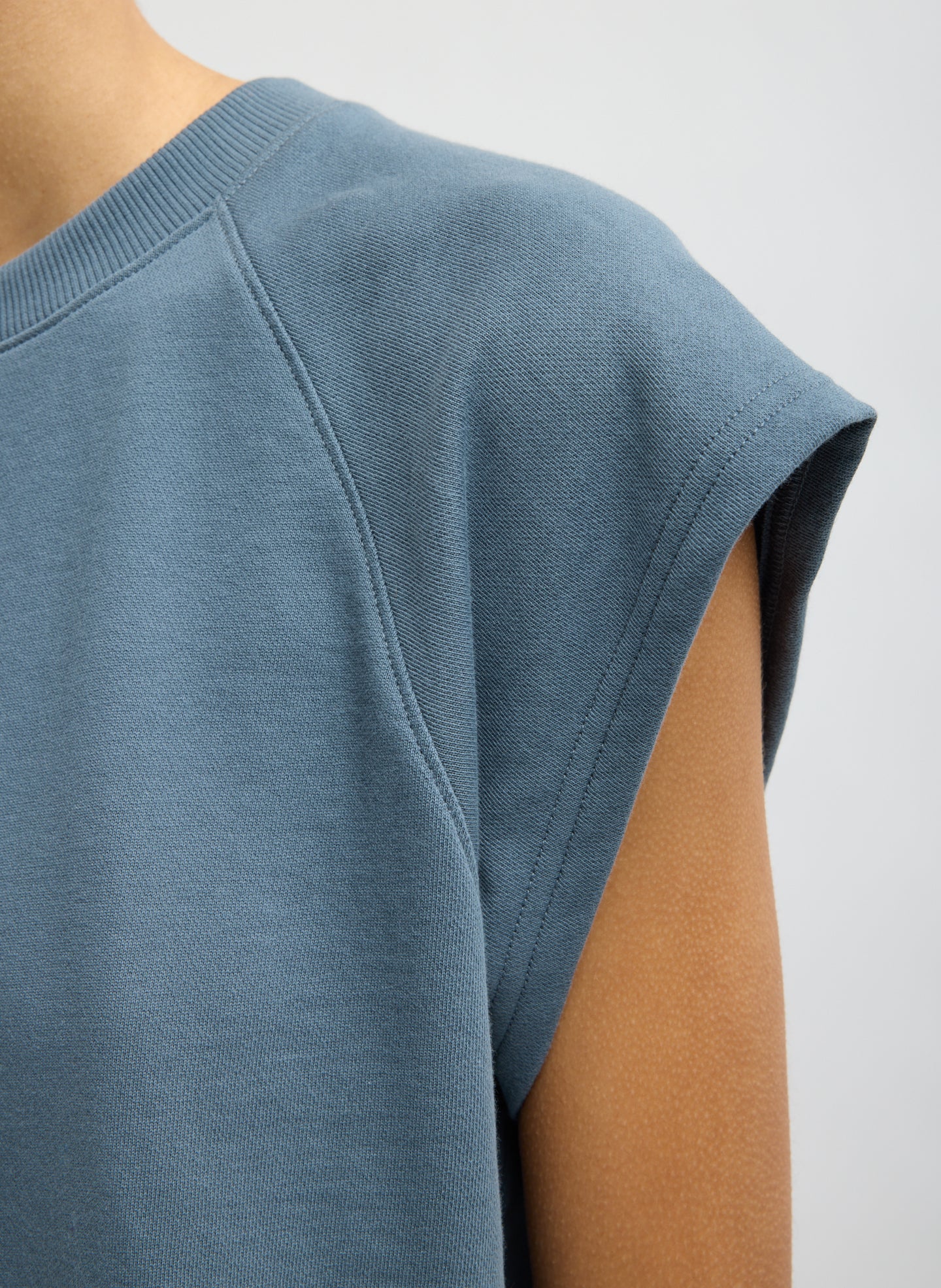Blue Grey Light Weight Sweatshirting Sleeveless Easy Top - closeup of sleeve detail
