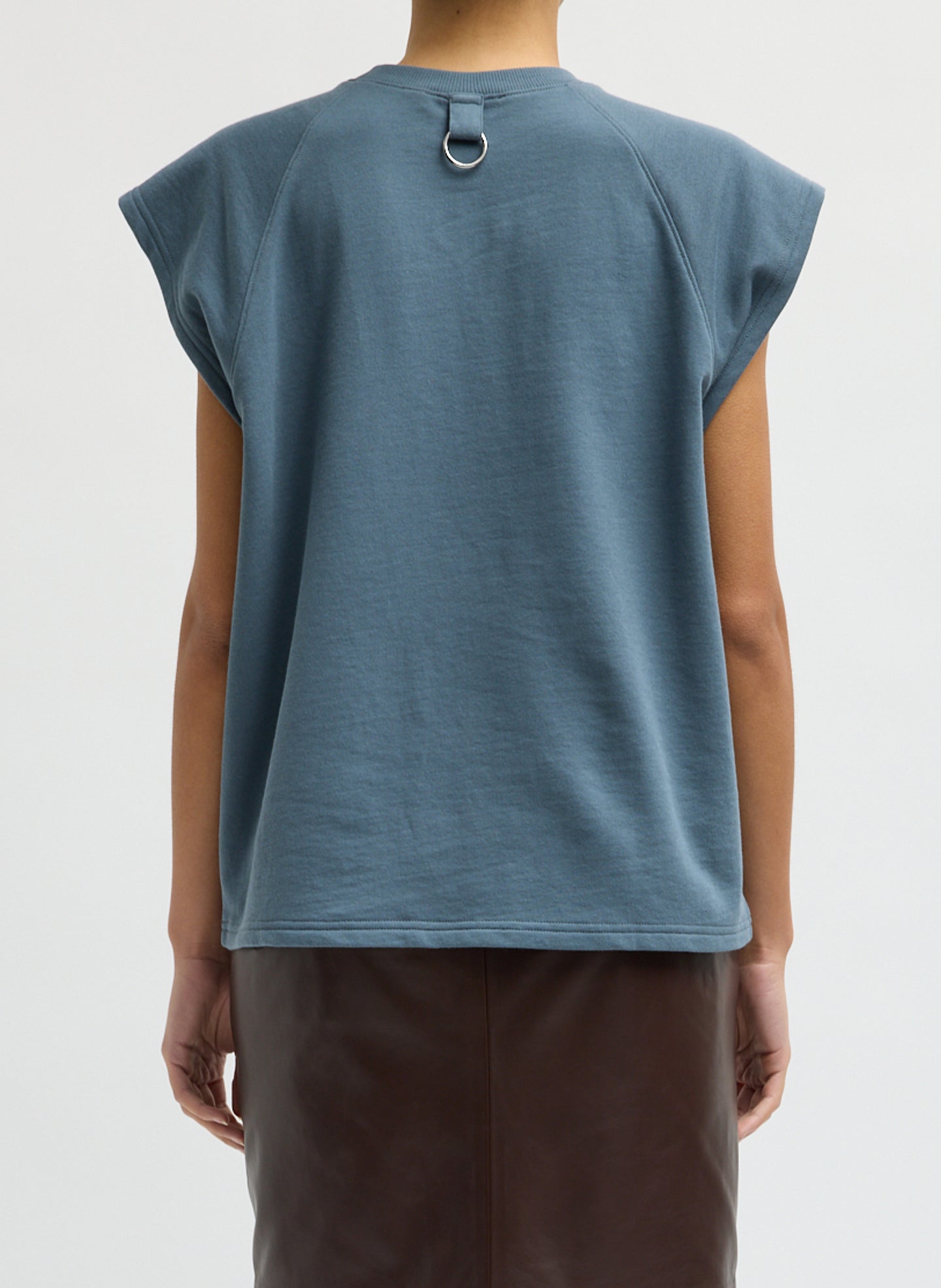 Blue Grey Light Weight Sweatshirting Sleeveless Easy Top - back view on model
