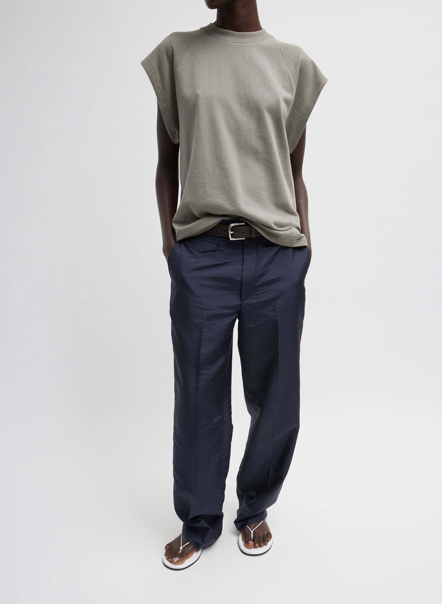 Dark Stone Grey Light Weight Sweatshirting Sleeveless Easy Top - full look, front view on model