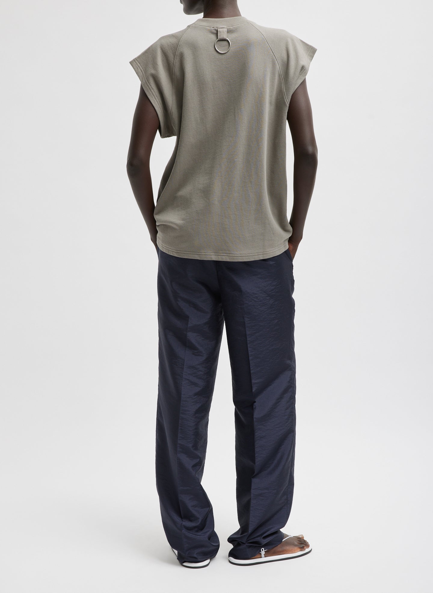 Dark Stone Grey Light Weight Sweatshirting Sleeveless Easy Top - full look, back view on model